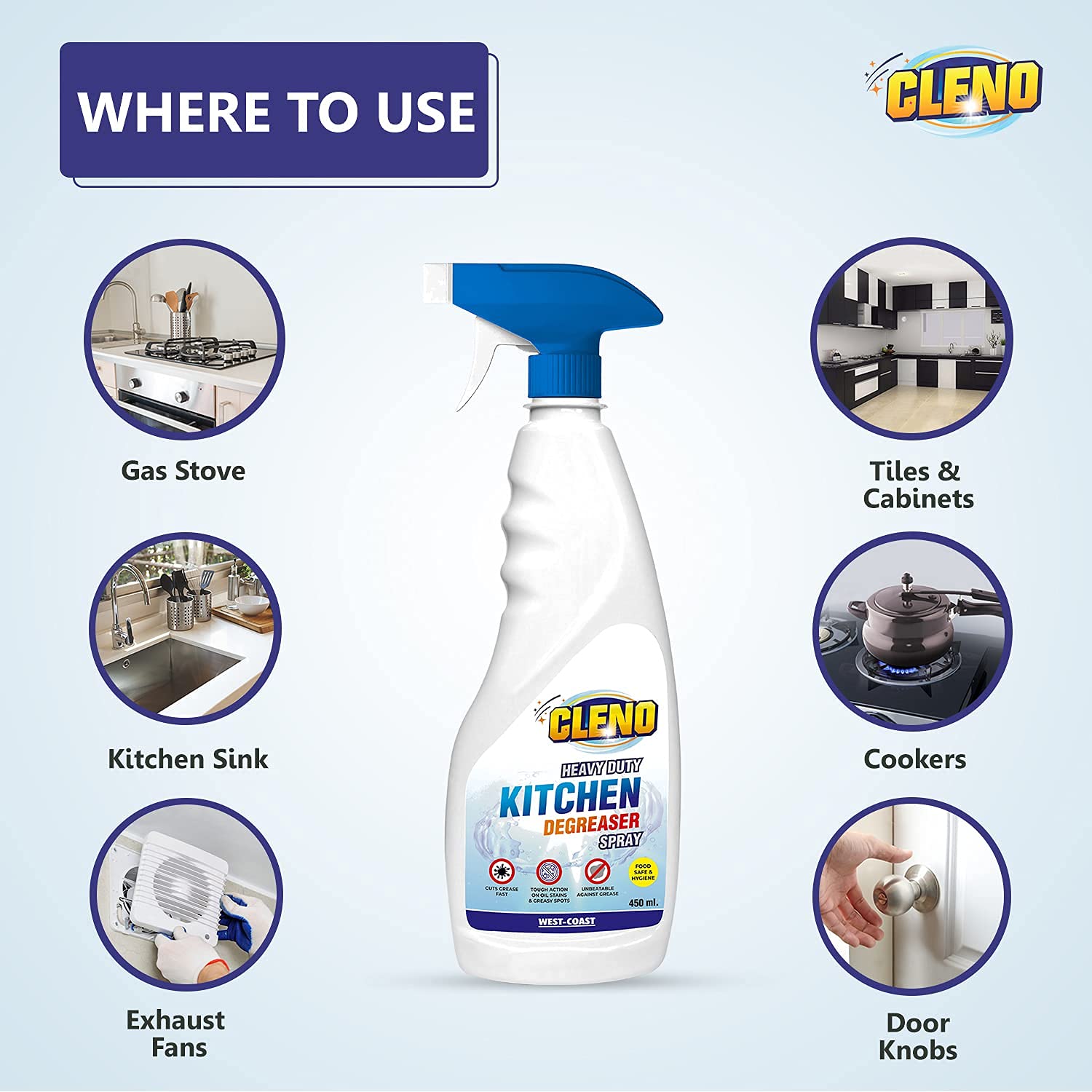 Cleno Heavy Duty Kitchen Degreaser Spray - Powerful Oil & Grease Remover for Stoves, Grills, Ovens, Exhaust Fans & Kitchen Surfaces (450ml) | Ideal for Deep Cleaning Chimneys, Countertops & Food Stains