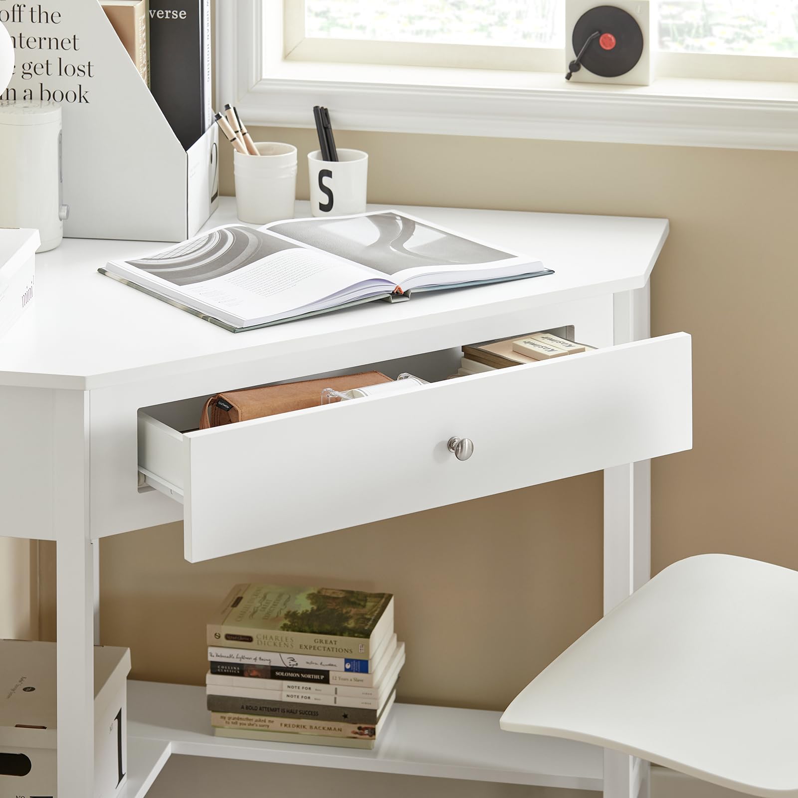 Haotian White Corner Desk with Drawer & Ladder Shelf - Compact Triangle Computer Desk for Small Spaces, Home Office Writing Table & Vanity Desk (Model FWT31-W) - Perfect for Apartments, Dorms & Workspaces