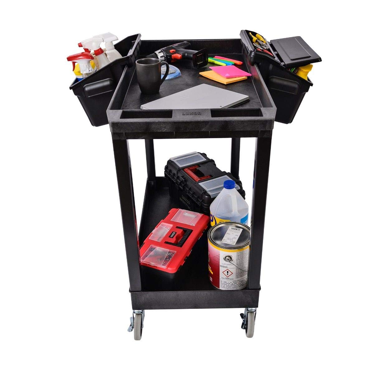 LUXOR EC11-B-OUTRIG Heavy Duty Plastic Utility Tub Cart with 2 Shelves & Outrigger Bins - 32