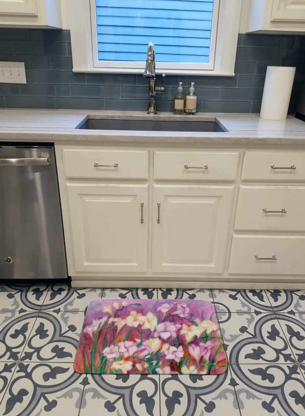 Caroline's Treasures IBD0249RUG Freesias Non-Slip Memory Foam Bath Mat - Machine Washable, Quick Dry, Thick & Durable for Bathroom & Kitchen - Floral Decorative Rug for Home Comfort & Safety