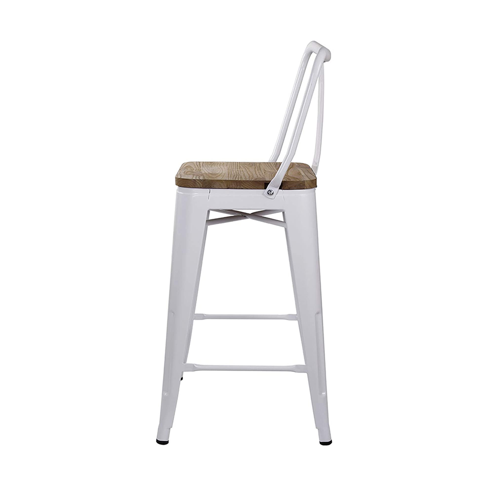 LEEJAY Commercial Grade Indoor Metal Bar Stools Set of 4 - 24 Inch High Back White Counter Height Barstools with Light Wooden Top, 12
