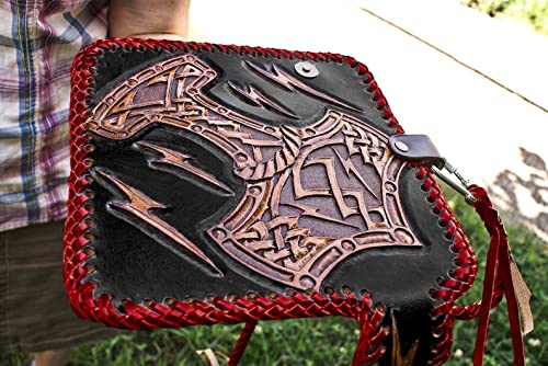 Handcrafted 3D Genuine Leather Wallet for Men - Biker Style Long Wallet with Thor Hammer Design - Custom Personalized Engraved Leather Carving - Perfect for Motorcycle Enthusiasts & Gift Giving