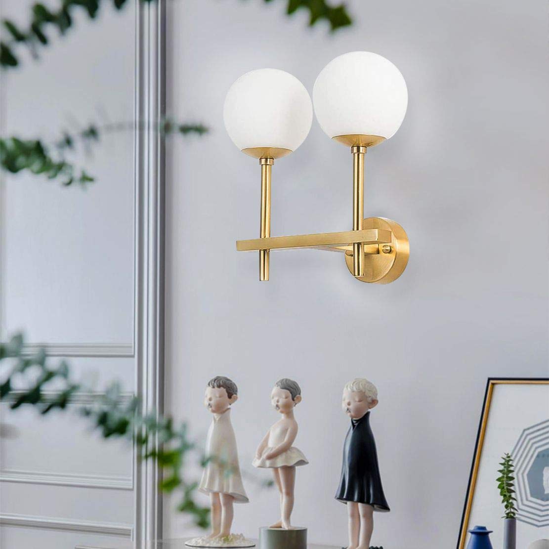 Luxury Glass White Ball Wall Lamp - Modern Wall Mounted Light Fixture with Antique Brass Finish - 2-Light Wall Sconce for Living Room, Bedroom, Bathroom & Hallway - Elegant Ambient Lighting for Home Decor & Interior Design