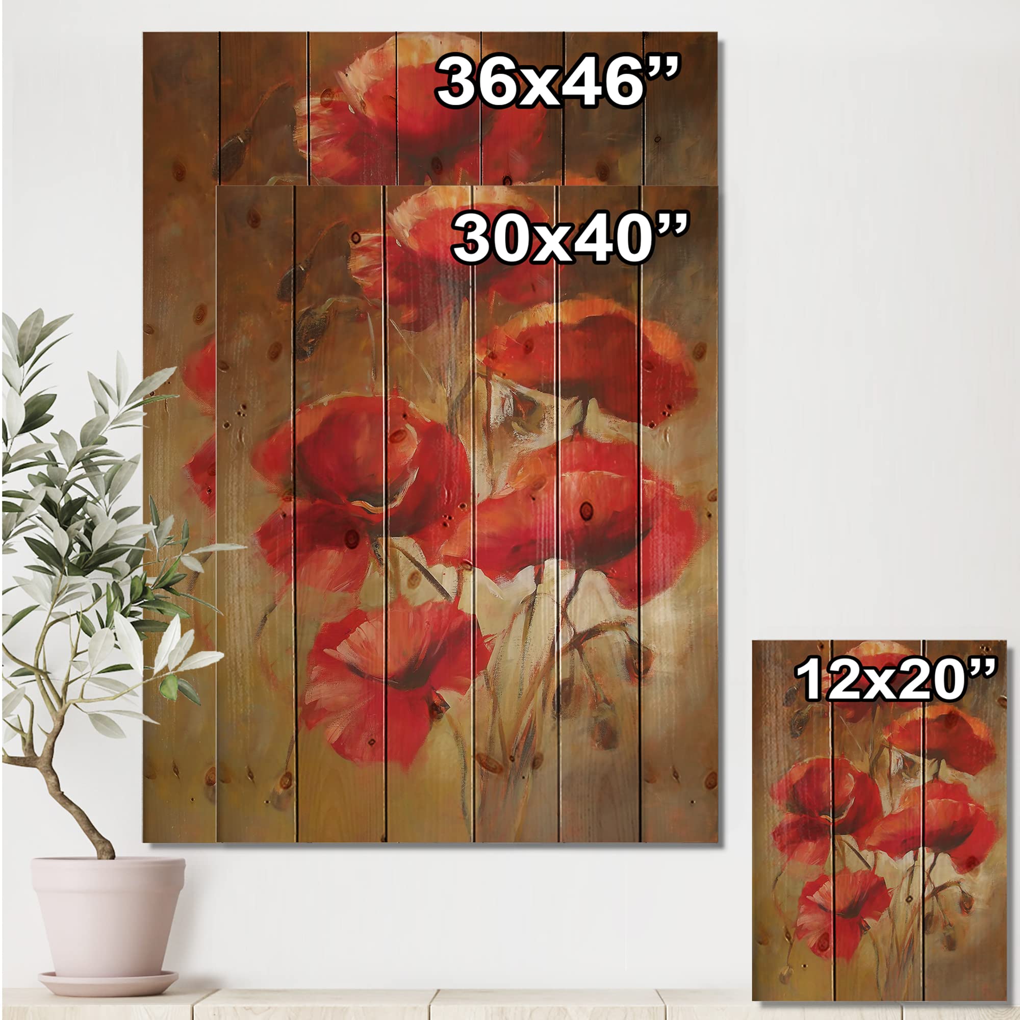 DesignQ Red Blossoming Poppies Traditional Wood Wall Decor - Large Floral Wall Art Panel Printed on Natural Pine Wood - Perfect for Living Room, Bedroom & Office Decoration