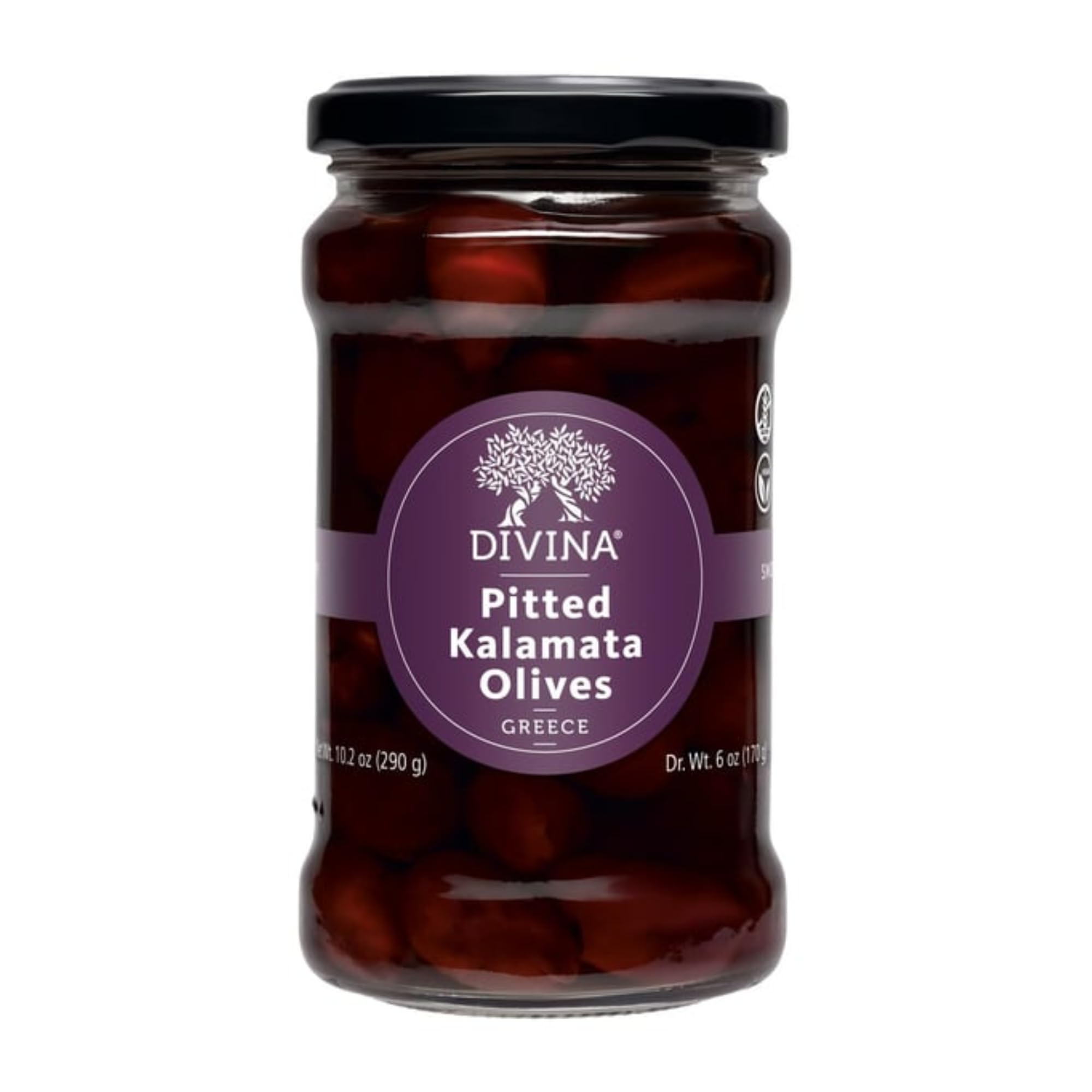DIVINA Pitted Kalamata Olives - 10.2 oz Jar | Premium Greek Olives for Salads, Charcuterie Boards & Mediterranean Recipes | Gluten-Free & Vegan Snack