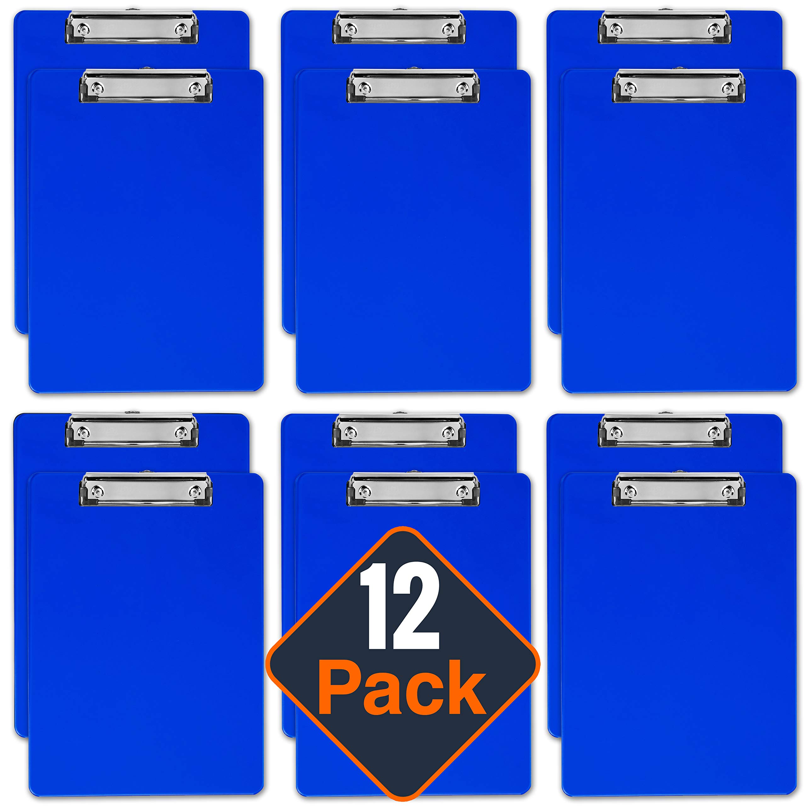 Blue Plastic Clipboard with Low Profile Clip (Pack of 12) - Letter Size Flat Clip Clipboard, A4 Acrylic Clipboard for School, Office & Home Use | Back to School Supplies, College Essentials & Work Organization