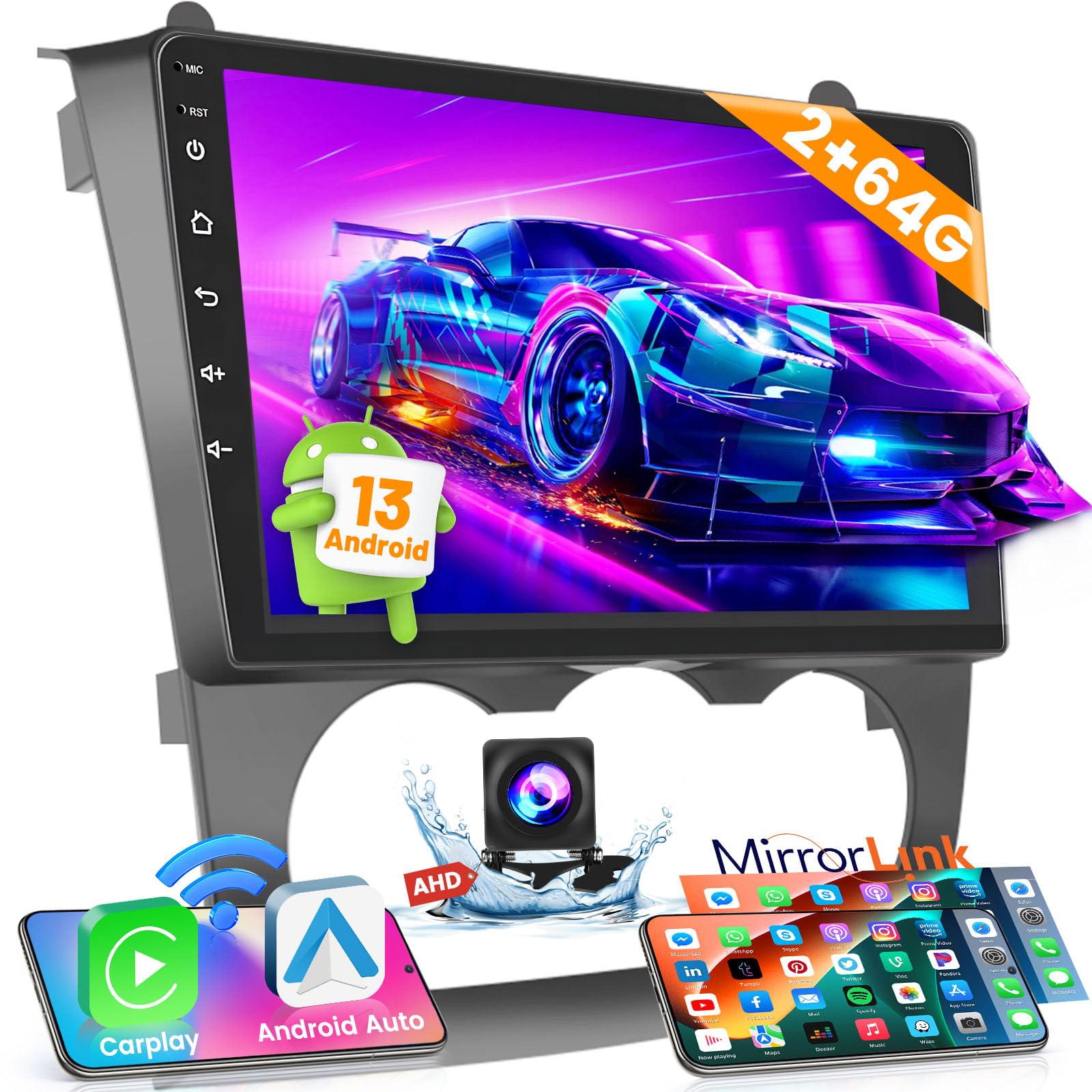 Hikity 9 Inch Android 13 Car Stereo for Nissan Altima 2008-2012 | 2GB RAM 64GB ROM | Wireless CarPlay & Android Auto | Bluetooth GPS WiFi | HD Touchscreen | Backup Camera | Manual A/C Control | Perfect for Road Trips & Daily Commuting