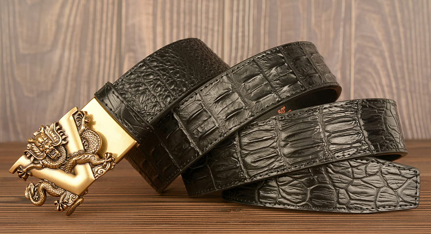Premium Men's Leather Ratchet Belt - Genuine Crocodile Embossed Pattern, Adjustable No-Buckle Design - Vintage Dragon Motif (Black/Gold) - Perfect for Business, Casual & Formal Wear
