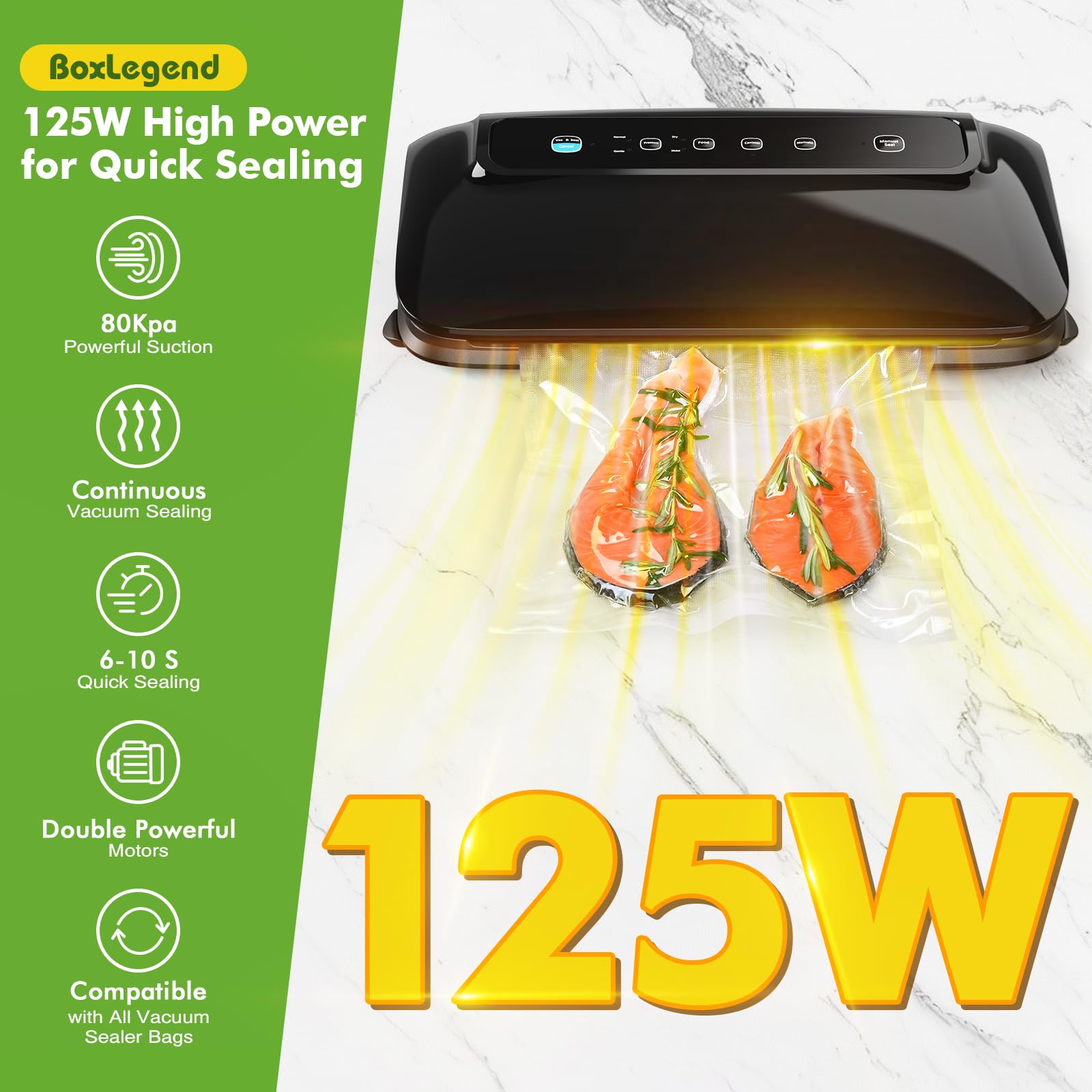 Powerful 80kPa Vacuum Sealer Machine with Roll Storage & Built-in Cutter - Multi-Functional Food Preservation System for Sous Vide, Meal Prep, Freezing & Fresh Food Storage | Includes Bags & Accessory Hose | Compact Black Design for Kitchen Countertop & Pantry Organization