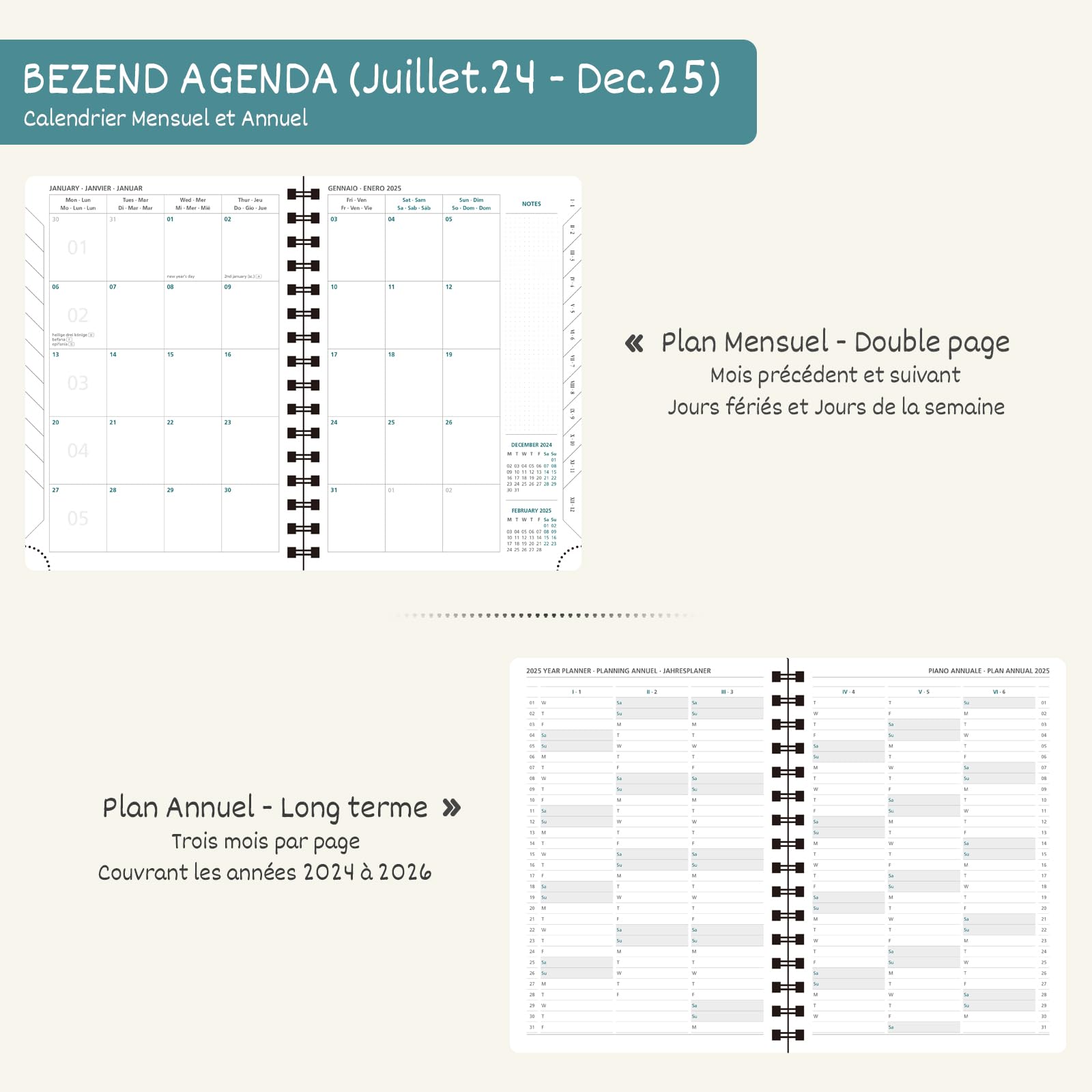 BEZEND 2024-2025 18-Month Weekly Planner | A5 Spiral Bound Academic Diary (July 2024 - December 2025) | Soft PU Leather Cover | Black | Perfect for Students, Professionals & Office Use