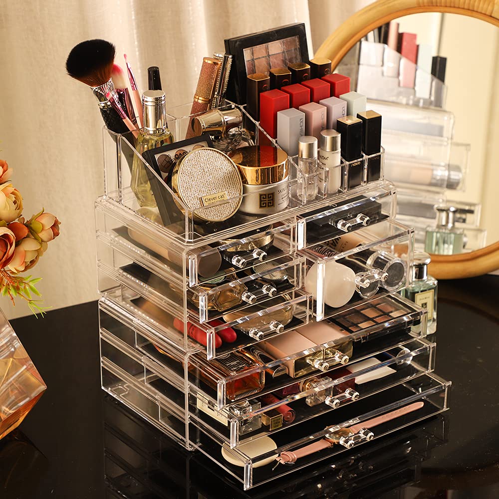 3-Pack Clear Acrylic Makeup Organizers - Stackable 8-Drawer Vanity Organizer for Jewelry, Beauty & Skincare Products | Perfect for Bedroom, Bathroom & Dressing Table Organization
