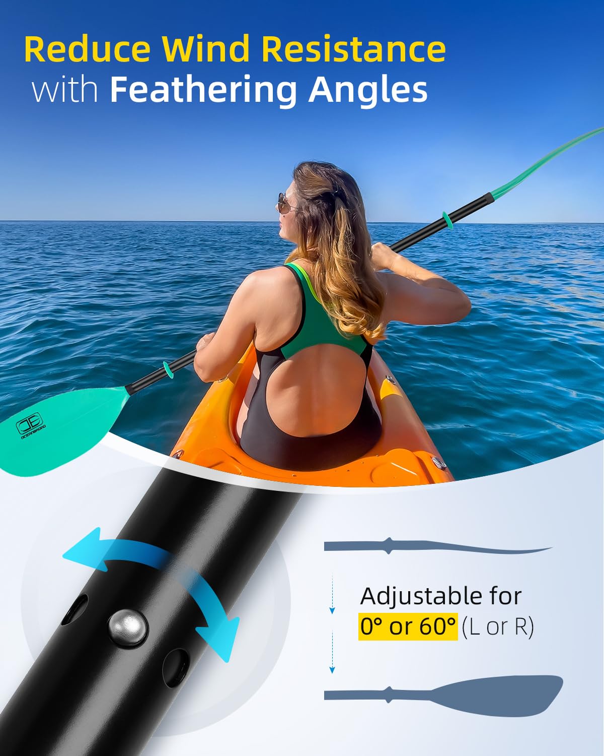 OCEANBROAD 2-Piece Aluminum Kayak Paddle - 86in (218cm) or 90.5in (230cm) Adjustable Floating Oar for Kayaking, Canoeing & Boating | Lightweight & Durable Alloy Shaft for Lakes, Rivers & Ocean Adventures