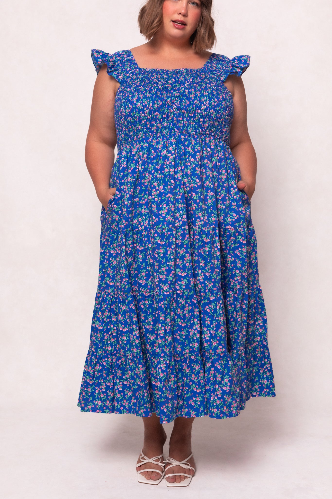 Hailey Dress in Allie Blue Floral Print - Women's Summer Flowy Maxi Dress for Beach Vacation & Date Night