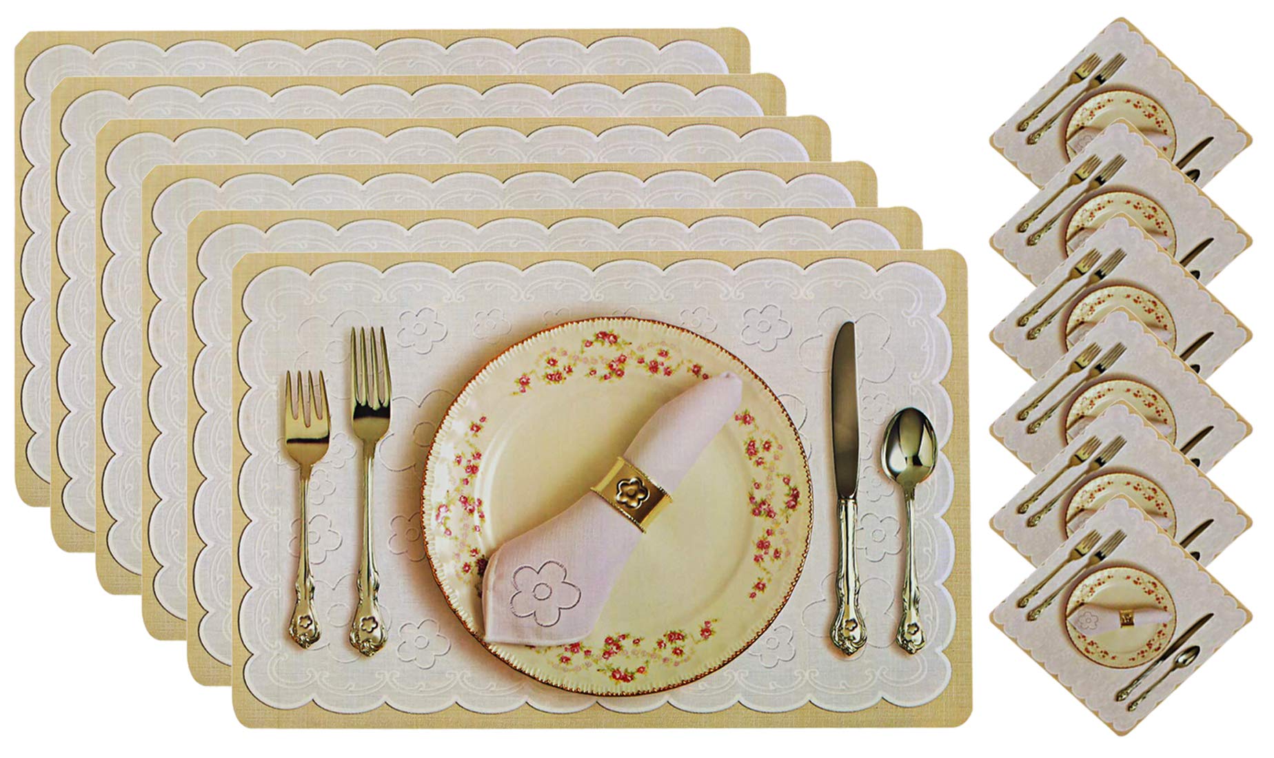 Kuber Industries PVC Floral Dining Table Placemat Set with Tea Coasters - 6 Piece Cream Table Mats for Formal Dining, Kitchen, or Party Decor - Durable Polyvinyl Chloride (PVC) Material