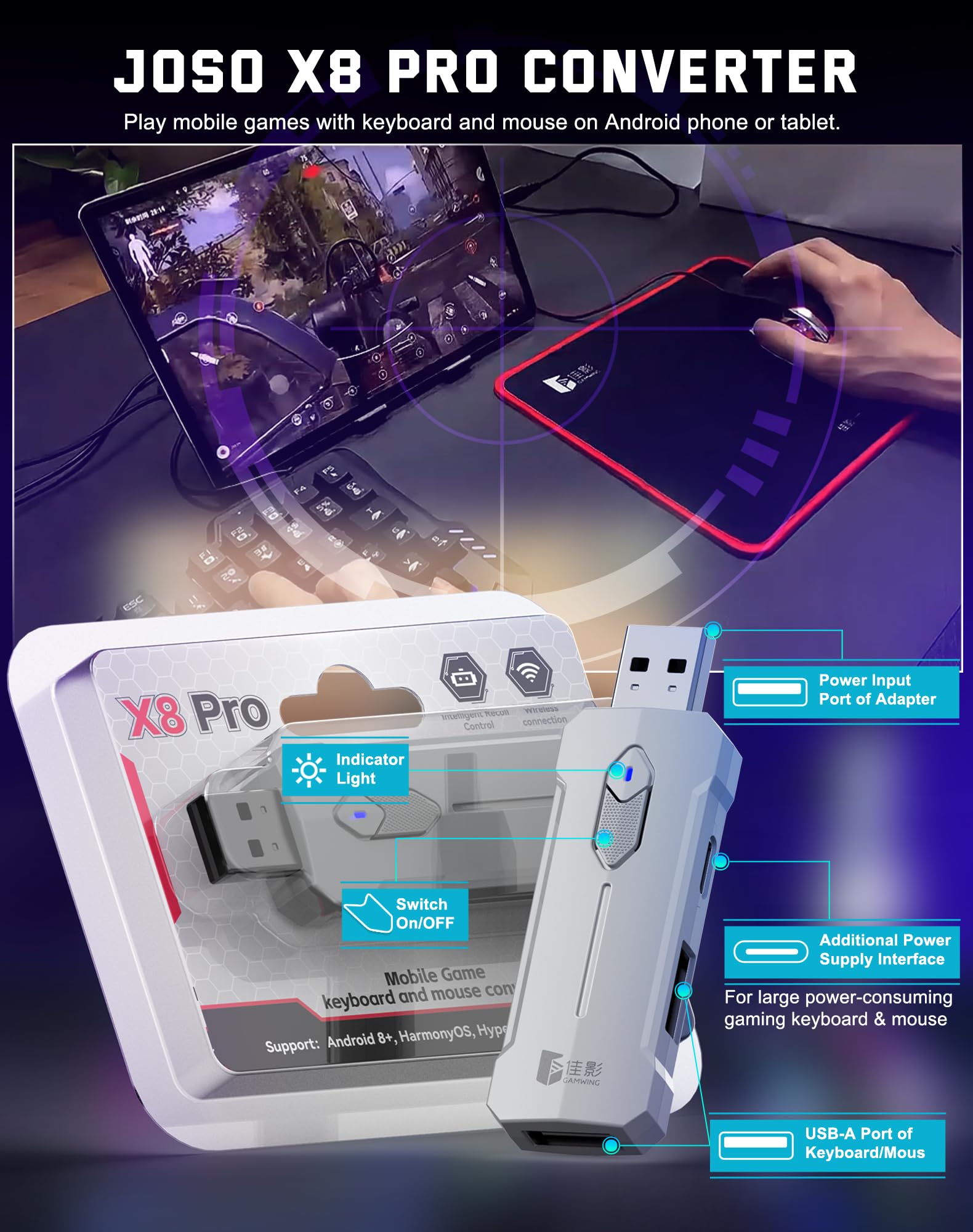 Joso X8 Pro Keyboard Mouse Adapter for PUBG Mobile - Android Keyboard Converter Controller with Anti-Recoil & Custom Key Mapping - Play FPS/TPS Games on Android with Keyboard & Mouse - Perfect for Competitive Gaming & Esports Tournaments