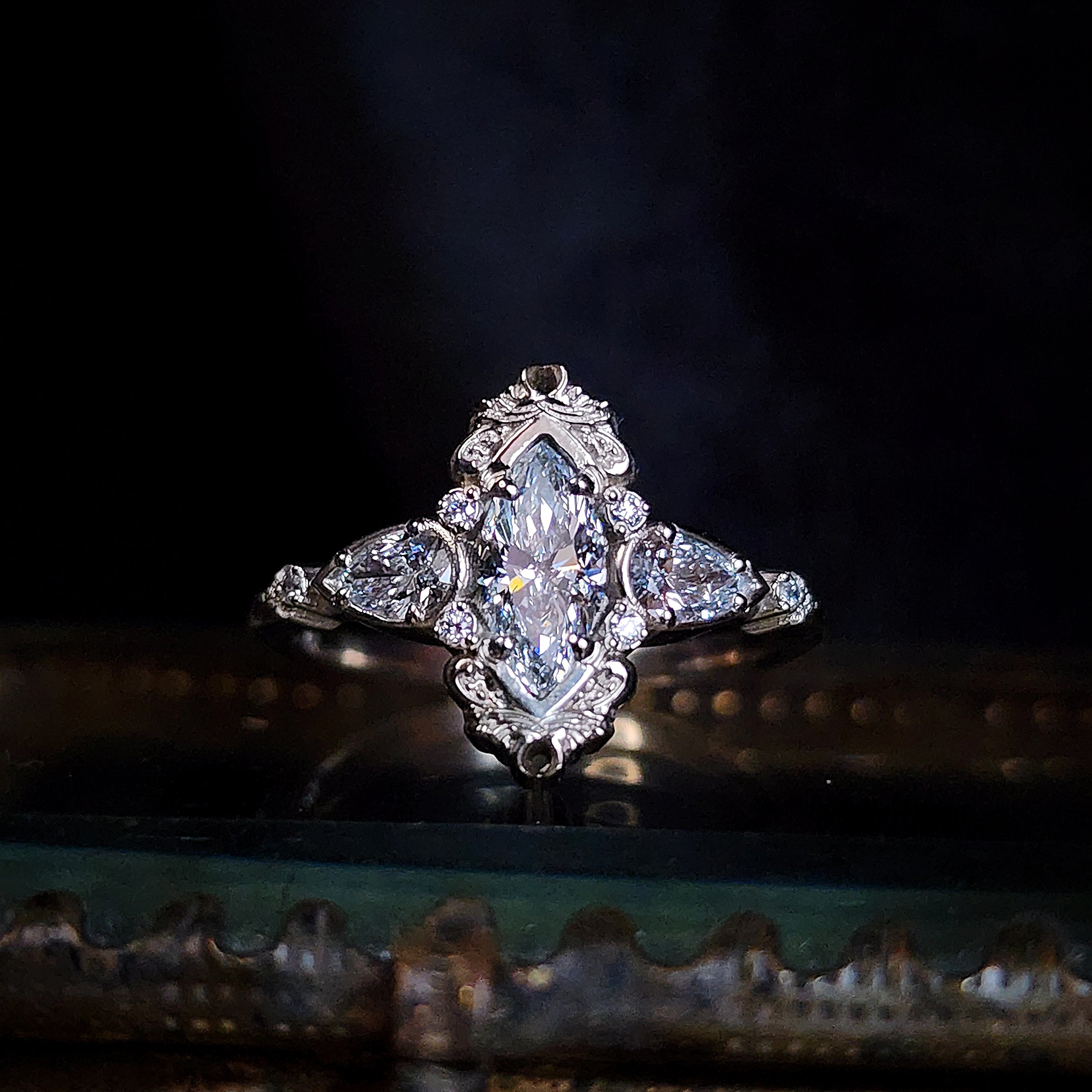 Odette Marquise Engagement Ring with Pear Side Stones & Gold Scrollwork - 14k Gold Handmade Fantasy Filigree Ring for Weddings, Proposals & Anniversary Gifts
