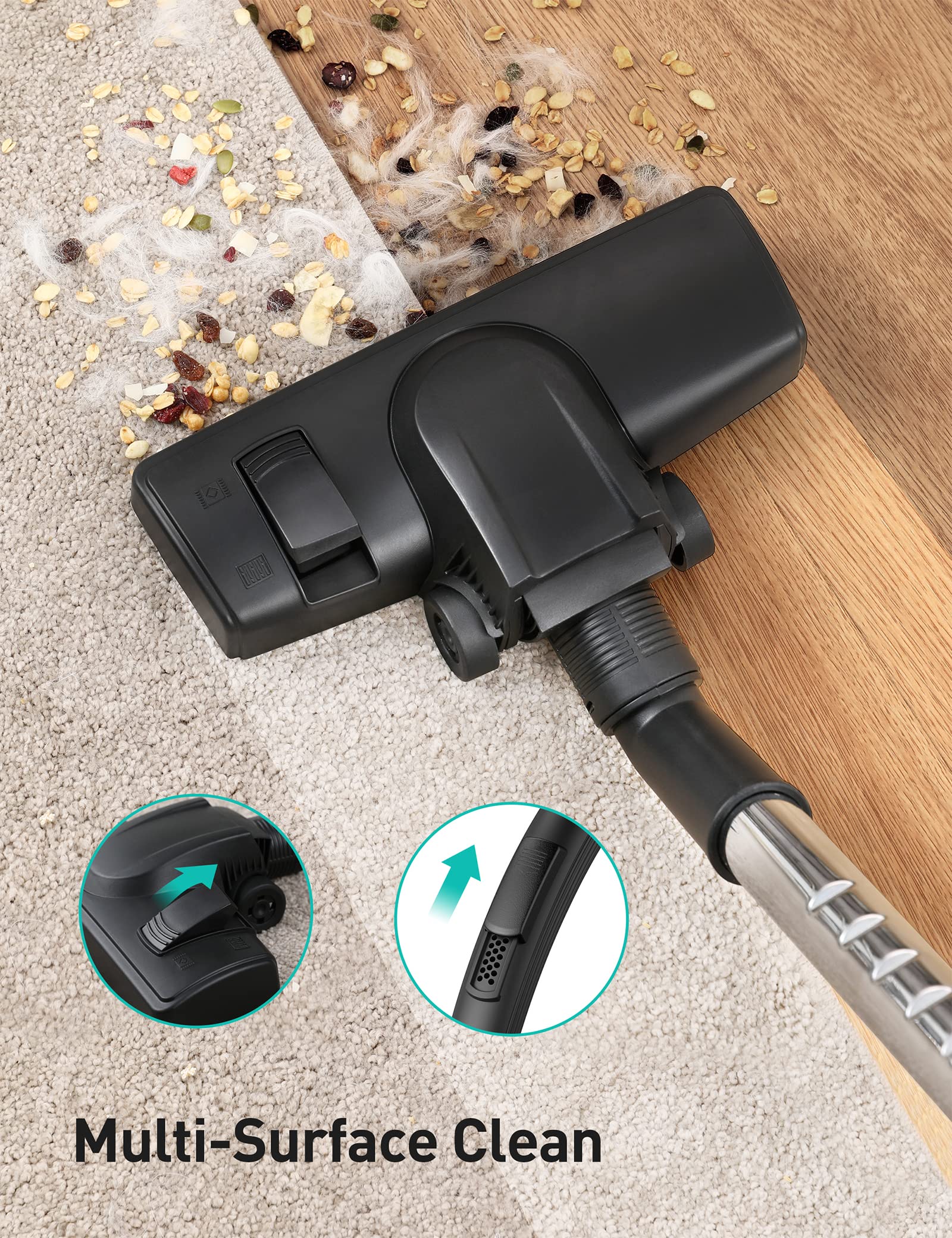 Powerful 24Kpa Aspiron Bagless Canister Vacuum Cleaner - 1200W Lightweight Design, 3.7QT Large Dust Cup, Double HEPA Filtration, Retractable Cord with 5 Attachments for Hard Floors & Carpets (Black) - Ideal for Home Cleaning, Pet Hair Removal & Allergy Relief