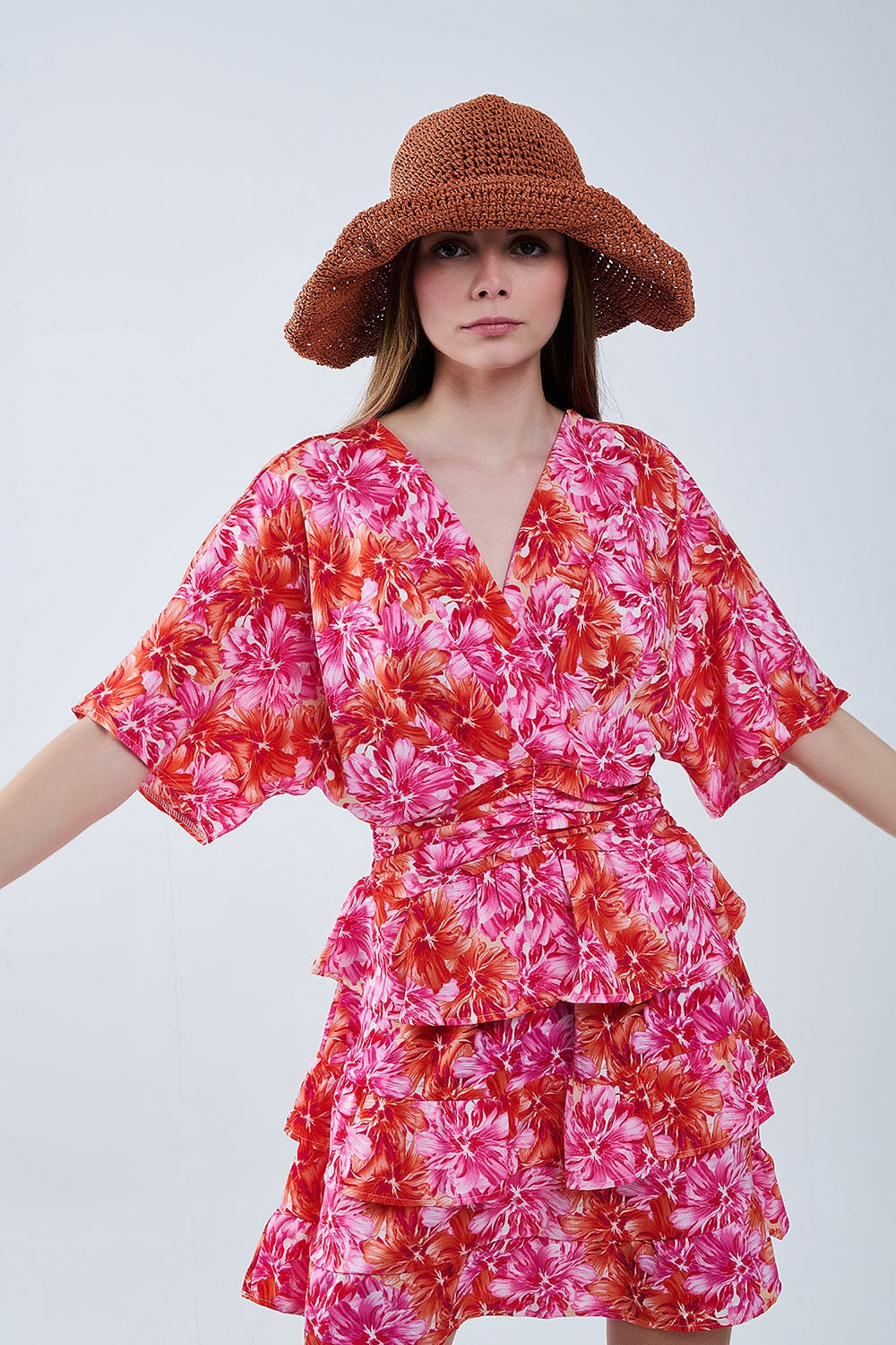 Floral Print Robe in Pink, Orange & Red Tones - Perfect for Summer Dresses, Beach Cover-Ups & Boho Fashion