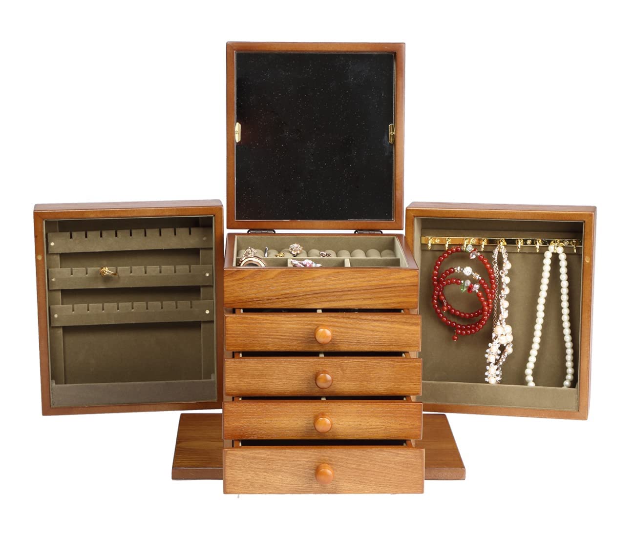 Wooden Jewelry Box for Women - Elegant Jewelry Organizer with Multiple Compartments for Necklaces, Rings, Watches & Accessories | Cherry Wood Storage Box for Dresser, Travel & Gift Giving
