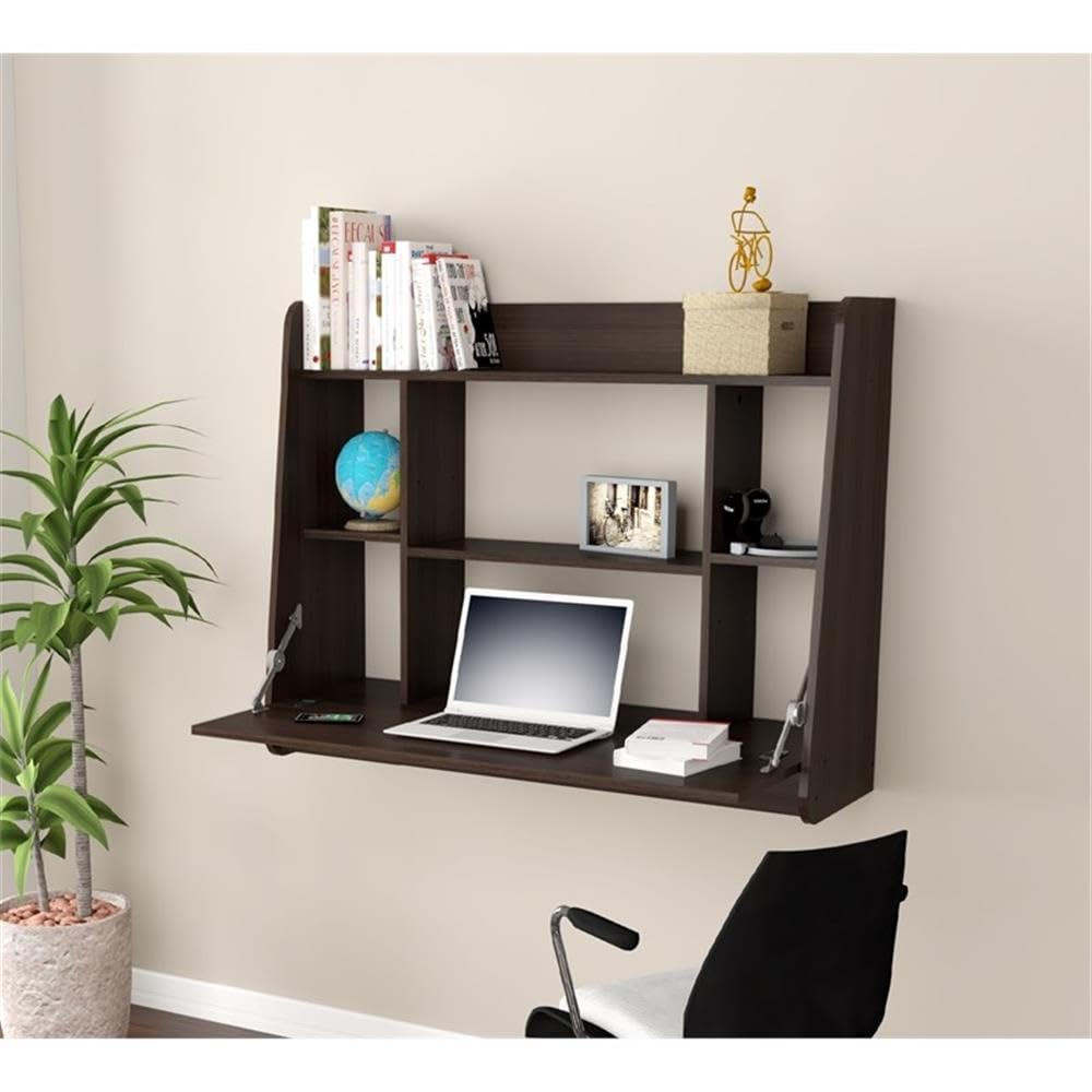 Wall Mounted Floating Desk with Shelf - Espresso Finish, Space-Saving Home Office Desk for Small Spaces, Bedroom or Studio Apartment