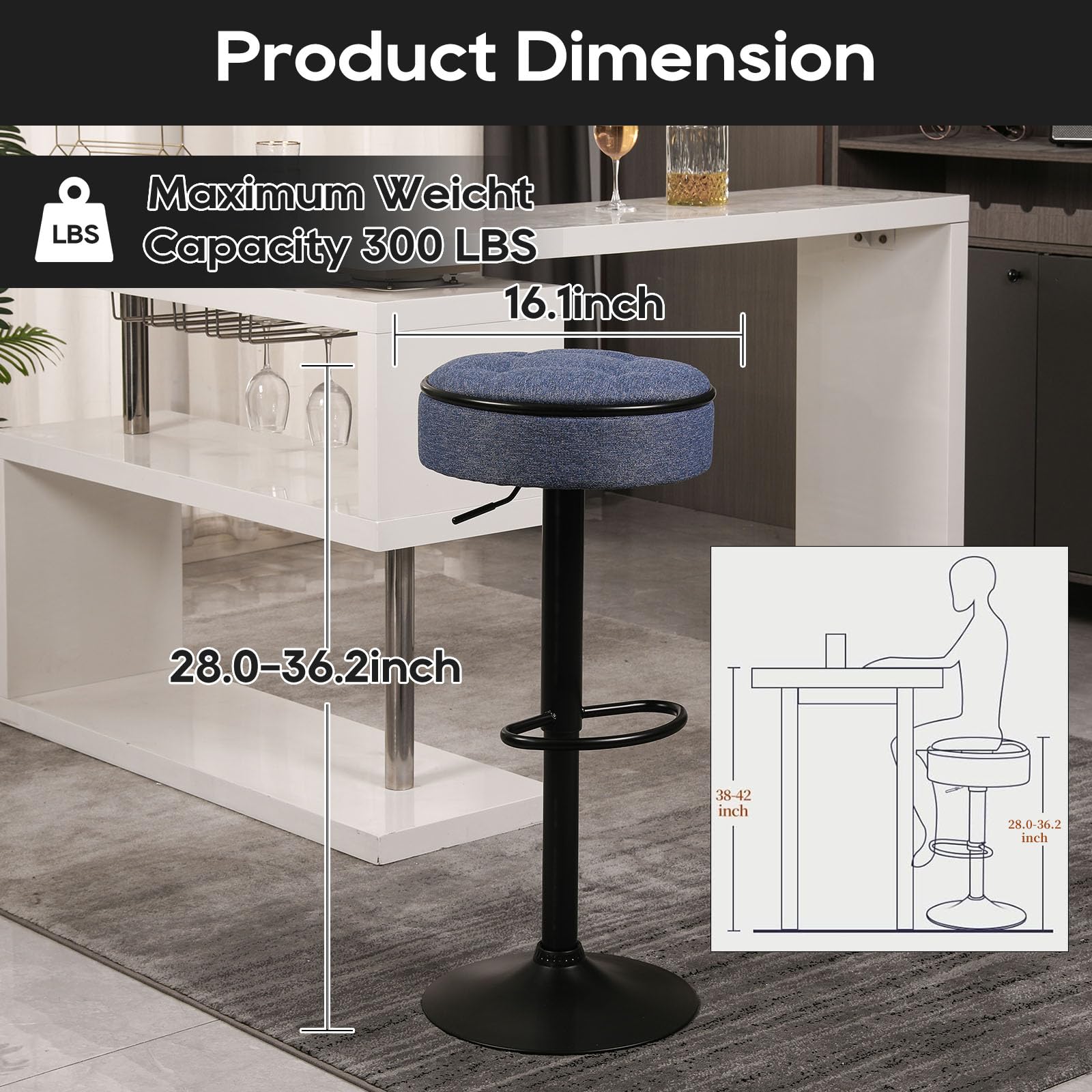 Fefances Swivel Round Airlift Bar Stool Set of 2 - Height Adjustable Armless Bar Chairs with Metal Frame for Kitchen, Dining Room, Pub & Cafe - Modern Linen Blue Stools for Home Decor & Commercial Use