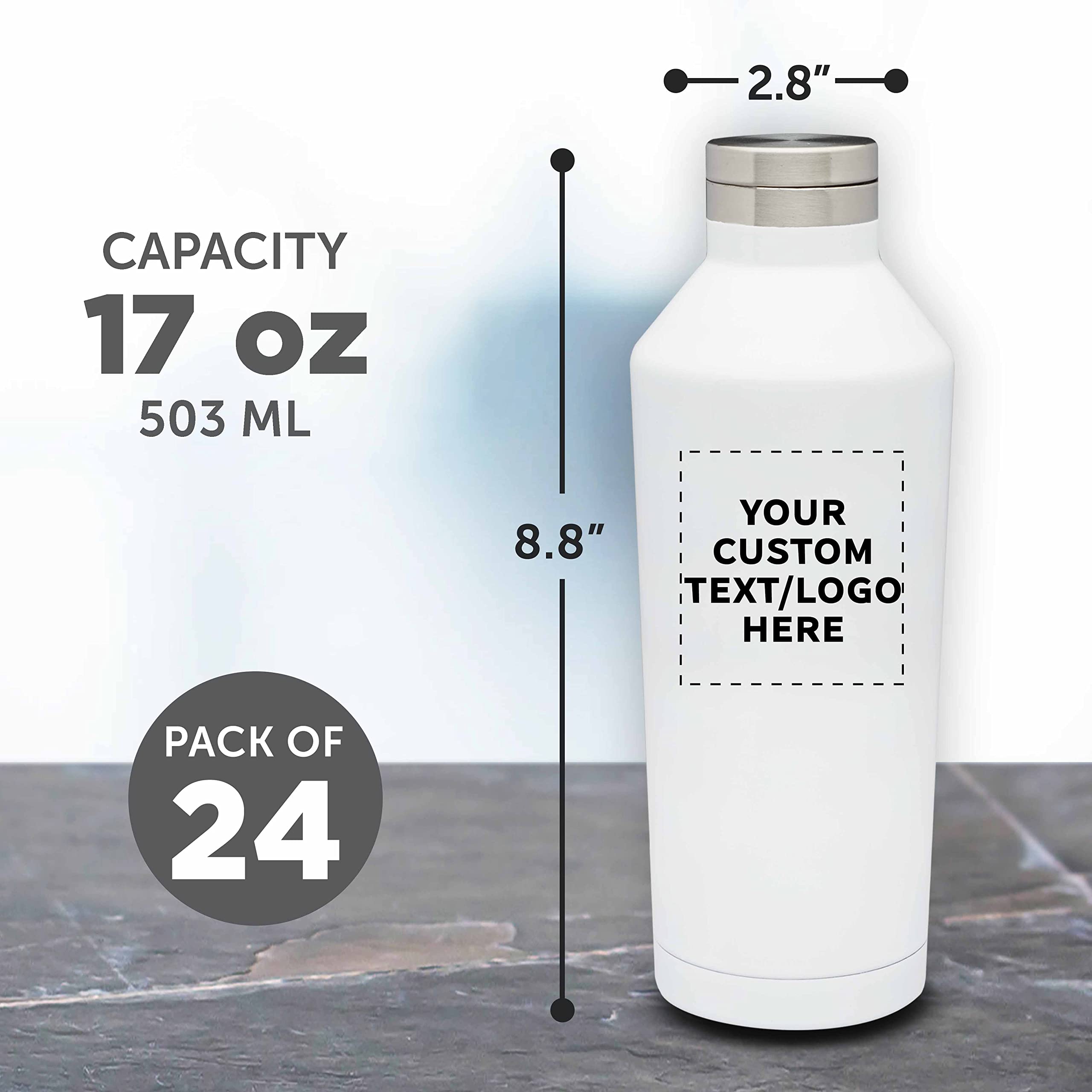 Custom Stainless Steel Water Bottles 17 oz (Set of 24) - Double Wall Insulated, Personalized Bulk Pack - Keeps Hot & Cold Beverages Perfect - Ideal for Coffee, Soda, Gym, Office & Outdoor Activities - White