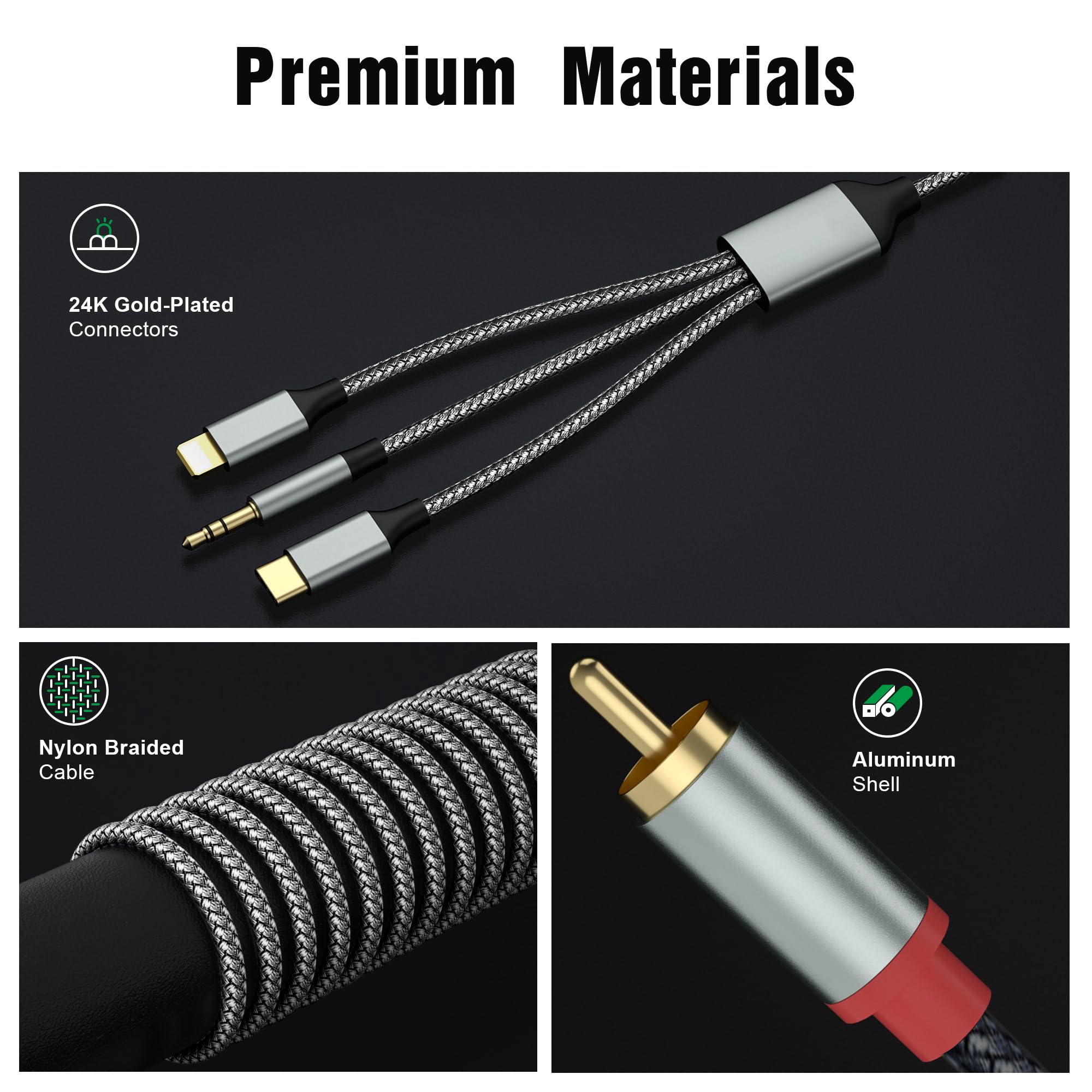 Lightning to RCA Cable, RCA to 3.5mm Audio Cable, USB C to 2 RCA Adapter - 3-in-1 Audio Cable for Power Amplifier, Car Stereo, Home Theater & Speakers | Compatible with iPhone, iPad & More | Perfect for DJ Mixers, Sound Systems & Music Streaming