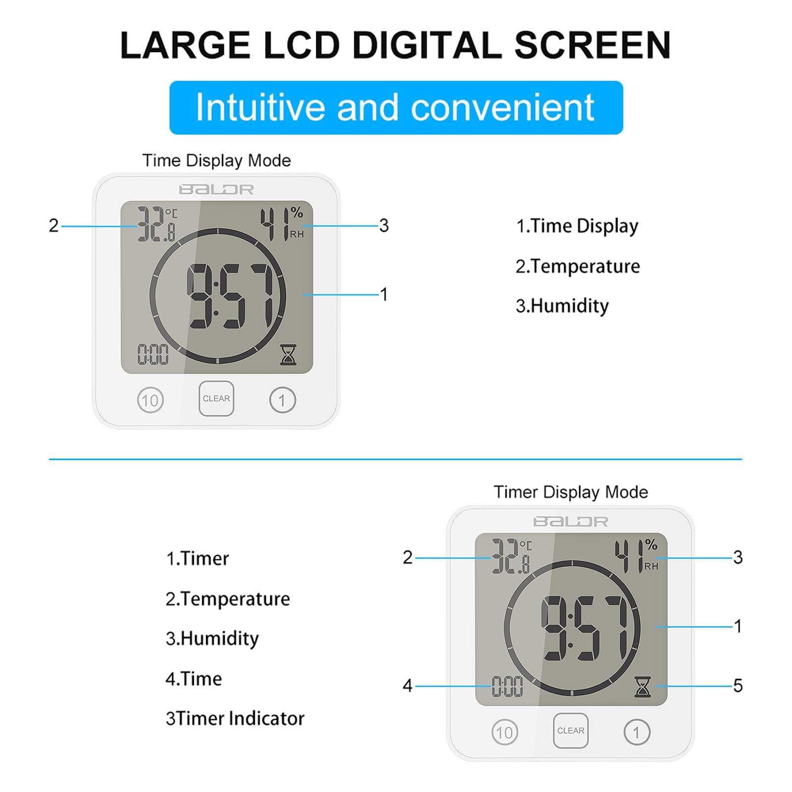 Waterproof Digital Shower Clock with LCD Display, Temperature & Humidity Gauge - Touch Screen Timer, Large Countdown Visual Timer for Bathroom, Gym, Kitchen & Sauna (White)