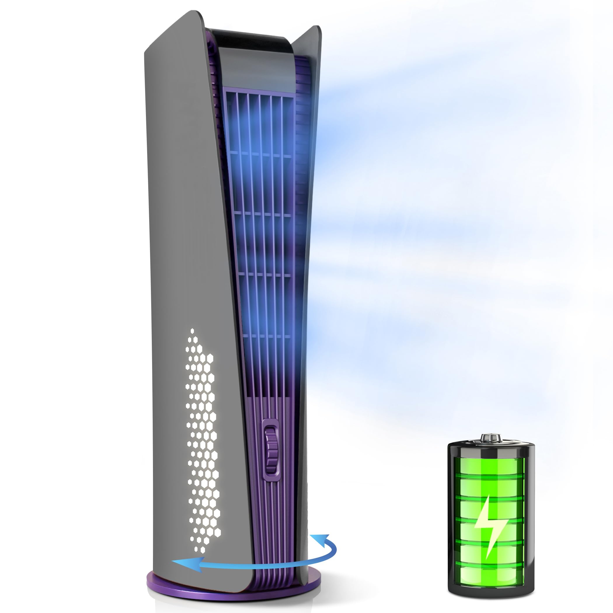 10000mAh Rechargeable Bladeless Tower Fan - Ultra Quiet 3-Speed Oscillating Floor Fan with 180° Rotation, Timer & LED Night Light for Bedroom, Office, Home - Portable Desk Cooling Fan for Summer, Sleeping, Work