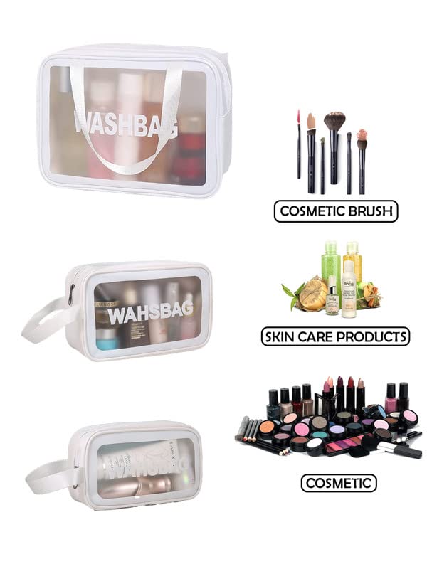 Amso Clear Makeup Pouch Set - 3 Pack Waterproof Cosmetic Organizer Bags for Women & Girls | Travel Toiletry Storage Kit (White) | Perfect for Travel, Gym & Daily Essentials Organization