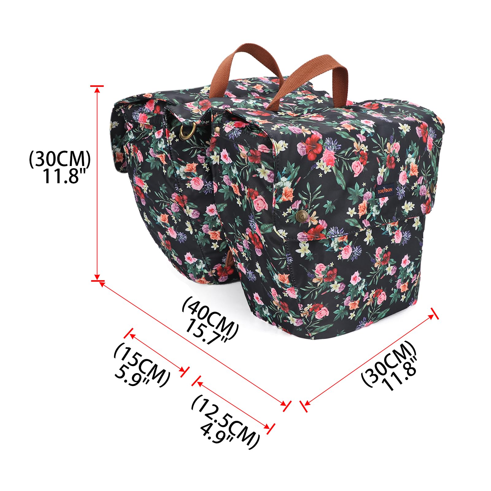 TOURBON Bike Pannier Bag - Waterproof Double Side Rear Rack Bicycle Seat Bag with Roll-Up Design (Black Floral Pattern) - Perfect for Commuting, Cycling Tours & Outdoor Adventures