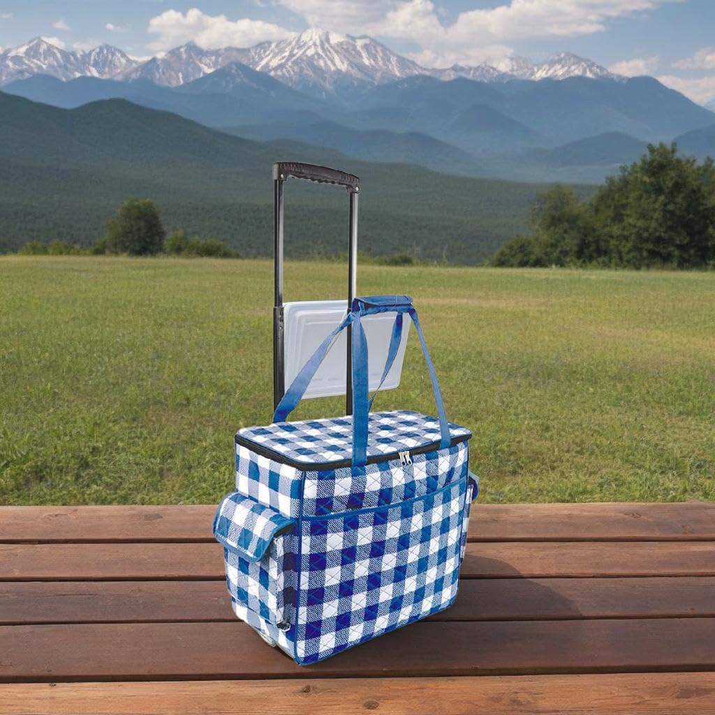 Rolling Sewing Machine Tote Bag - Navy Buffalo Check Pattern, Portable Craft Storage for Quilting & Sewing Projects, Perfect for Travel & Workshops