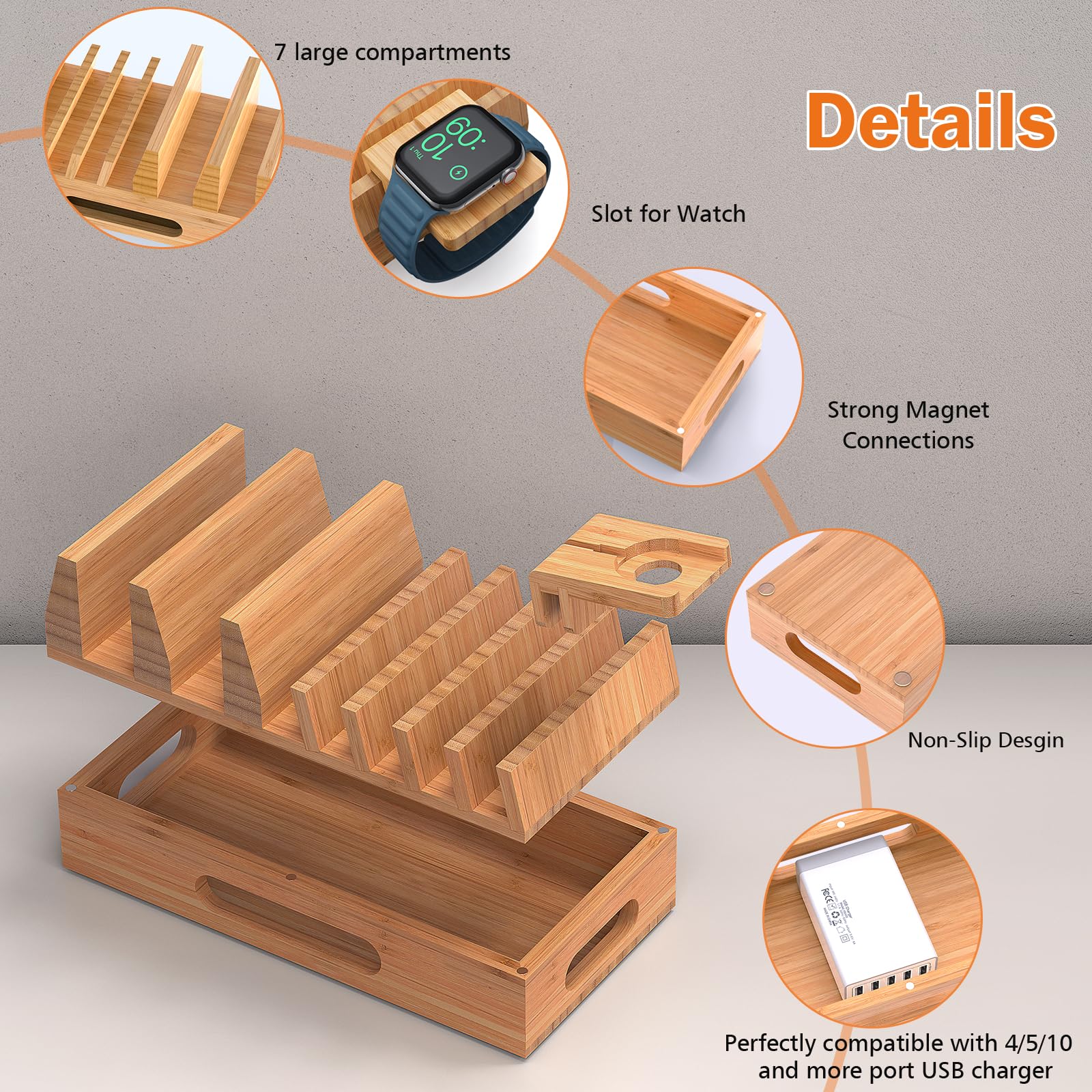 Pezin & Hulin 5-Port USB Bamboo Charging Station - Multi-Device Organizer for Phone, Tablet, Laptop & Smartwatch | Compact Wooden Dock Stand for Home, Office & Travel