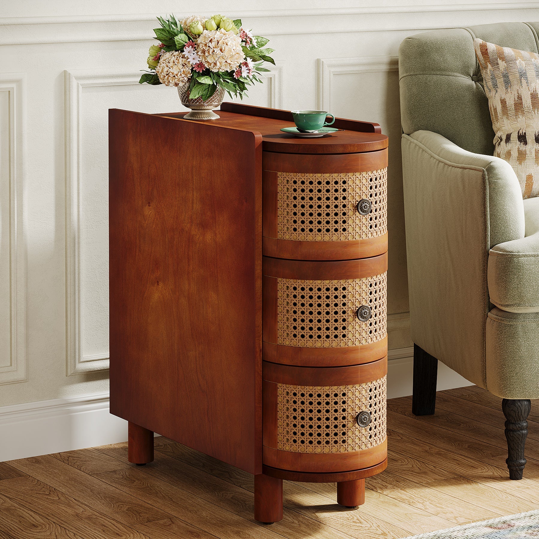 Modern Wooden End Table with 3 Rattan Drawers - Nightstand, Side Table for Bedroom, Living Room | Perfect for Small Spaces, Apartment Decor & Storage Solutions