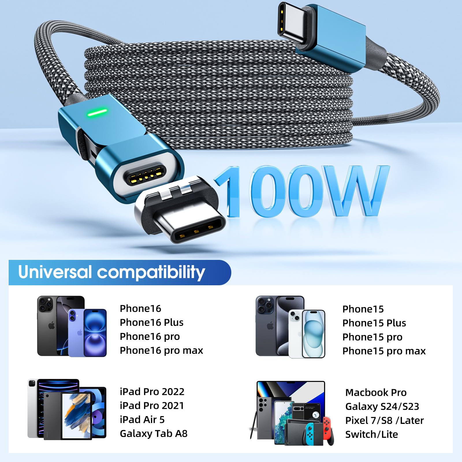 100W Magnetic USB C Charging Cable (3-Pack 6FT) - Fast Charging & Data Transfer USB C to USB C Cable with 180° Rotation - Compatible with iPhone 16/15, Galaxy, MacBook, iPad - Perfect for Home, Office & Travel Charging