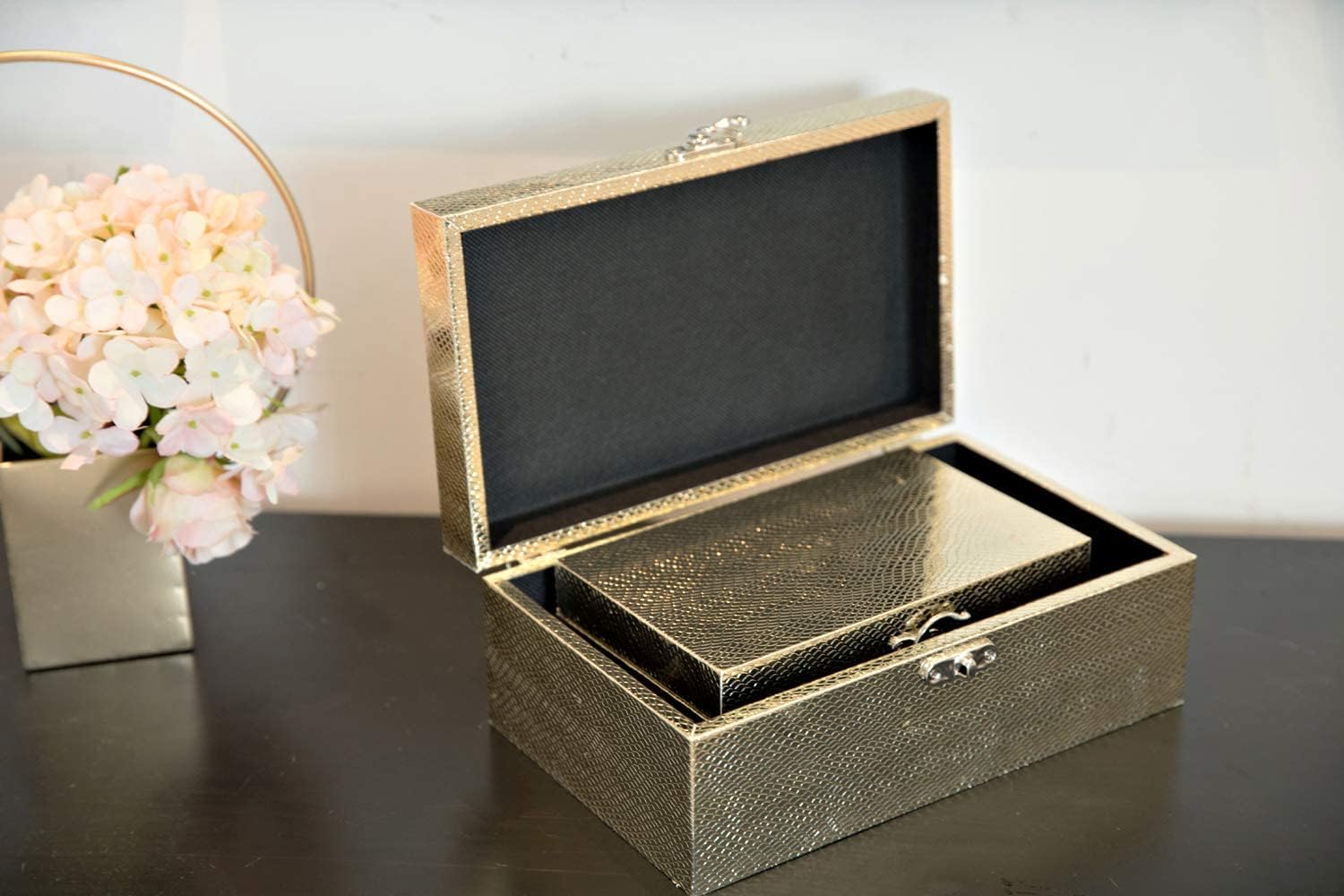 Set of 2 Decorative Wooden Keepsake Boxes - Small Jewelry Organizer with Gold Leather & Clasp Closure - Perfect for Jewelry Storage, Gift Giving & Home Decor