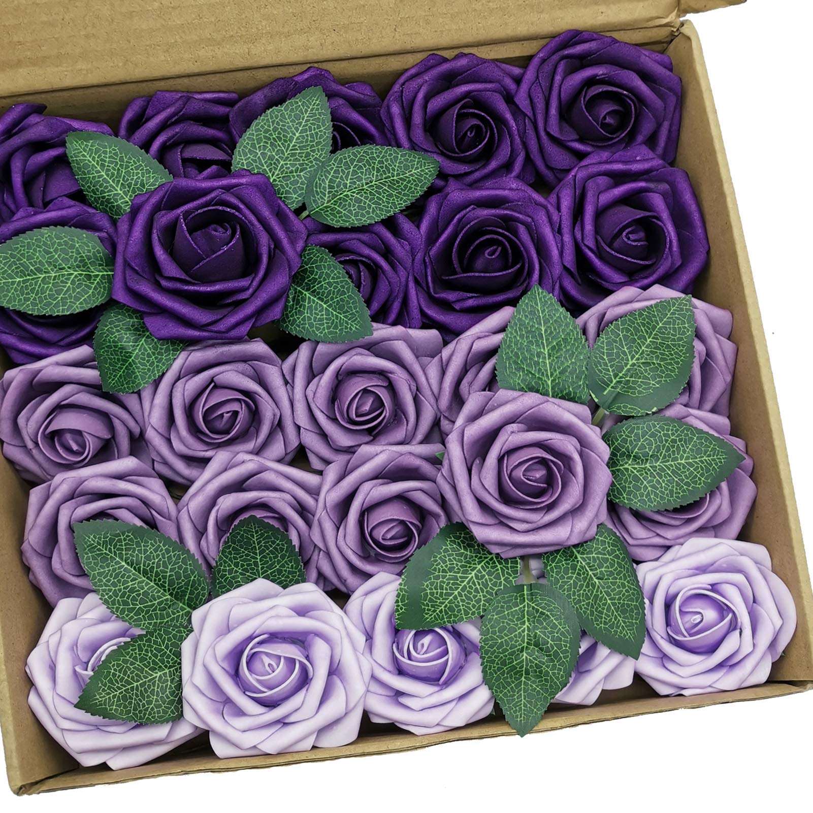 25PCS Realistic Purple Ombre Fake Roses for Wedding Bouquets & Home Decor