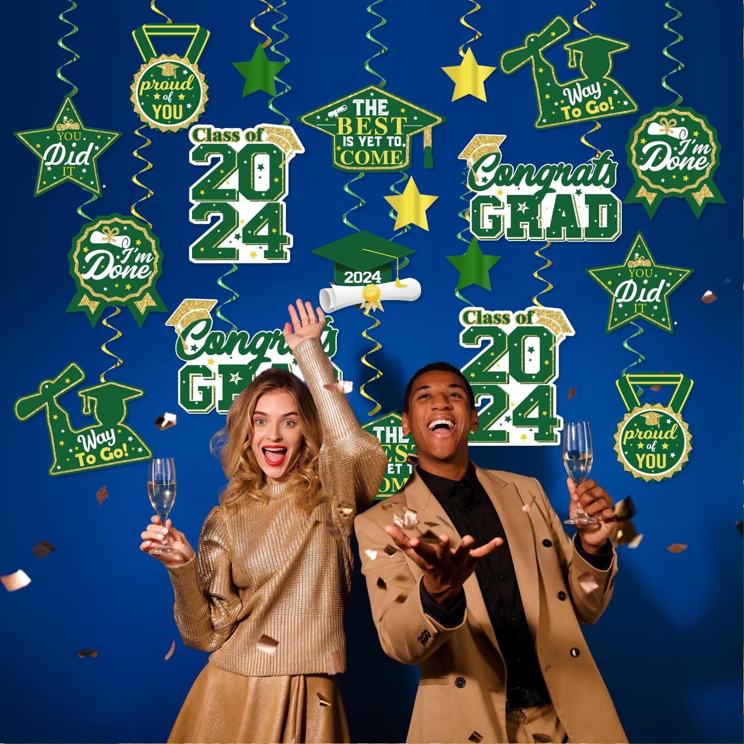 40Pcs Green and Gold Graduation Party Decorations 2024 - Graduation Hanging Swirls, Balloons & Banner Set for Graduation Ceremony, Photo Booth Backdrop & School Celebration Decor