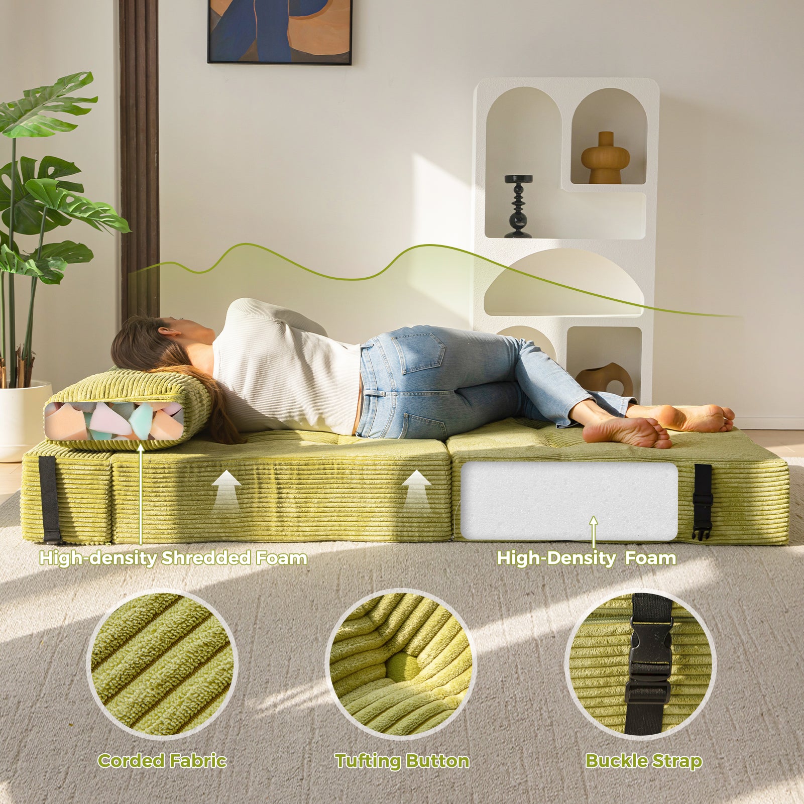 MAXYOYO Folding Sofa Bed - Convertible Sleeper Sofa with High Density Support Foam for Living Room, Bedroom & Small Spaces | Comfortable Guest Bed | Green