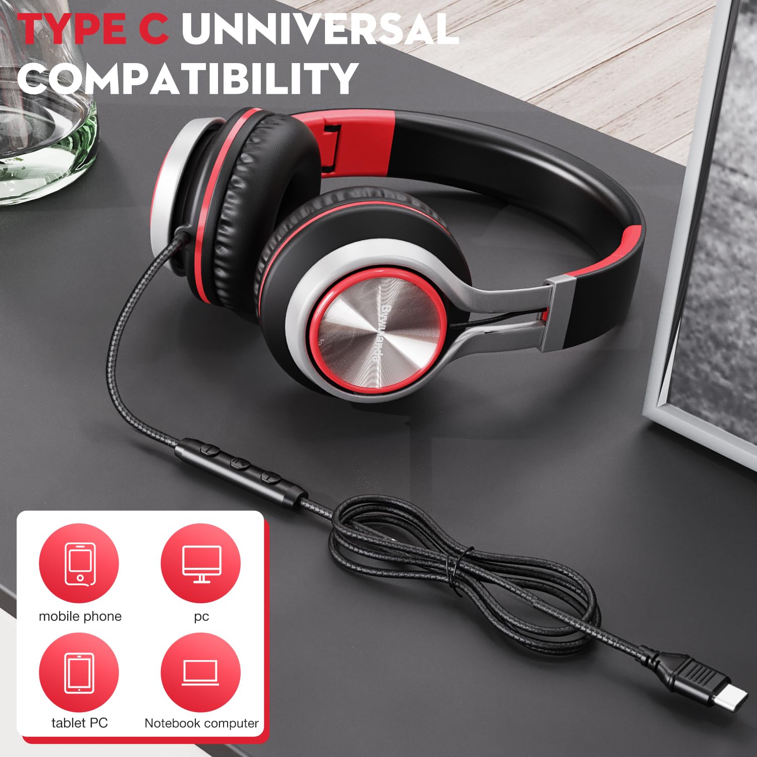 USB C Wired Headphones with Microphone & Volume Control, Over-Ear Stereo Headset for iPhone 15/16 Pro, Smartphones, Chromebook, Laptop & Tablets - Foldable Design for Travel, Gaming & Office Use