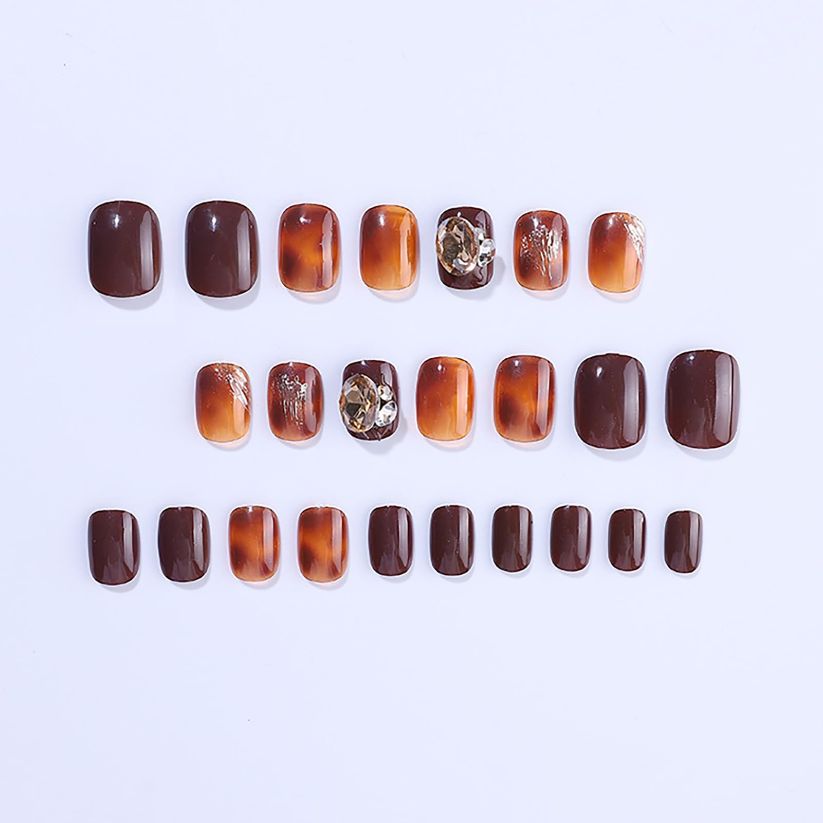 Artquee 24 Pcs Short Press on Nails - Brown Square Fake Nails with Caramel Gem Designs, Reusable Artificial False Nails Kit for Women | Full Cover Stick on Nails for Daily Wear, Parties & Special Occasions