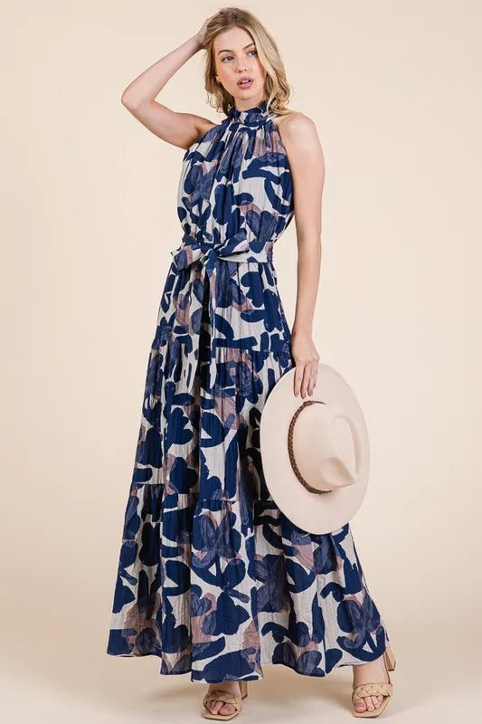 Elegant Halter Neck Tie Waist Tiered Maxi Dress for Women | Summer Beach Vacation Resort Wear | Perfect for Pool Parties, Tropical Getaways and Evening Dinners