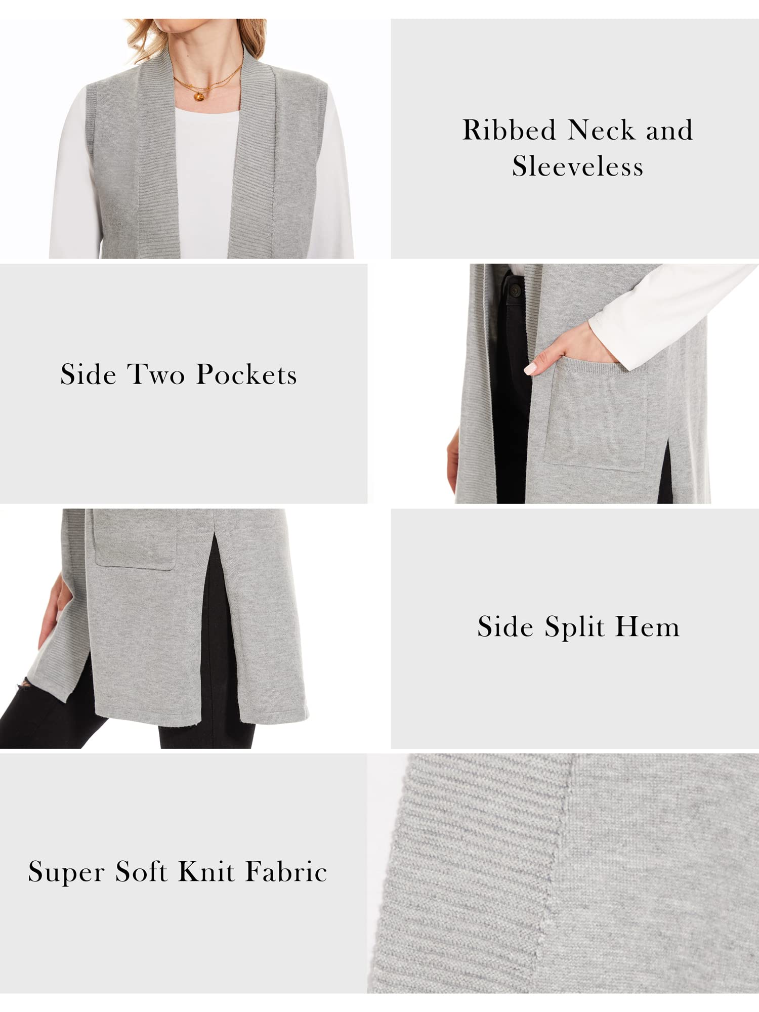 Women's Moss Rose Long Vest - Sleeveless Lightweight Open Front Cardigan with Ribbed Knit & Pockets | Perfect for Layering, Office Wear & Casual Outfits