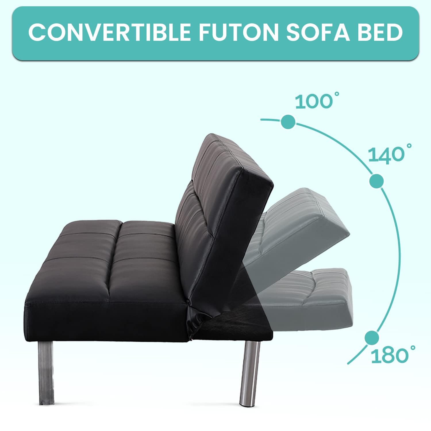 Naomi Home Black Faux Leather Futon Sofa Bed - 3-Position Reclining Convertible Couch with 500 lbs Weight Capacity (66