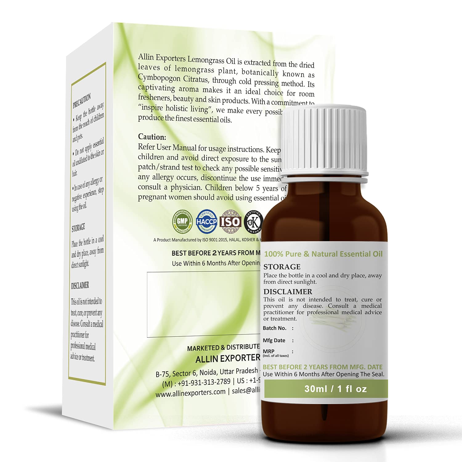 100% Pure Natural Lemongrass Essential Oil - Therapeutic Grade for Skin, Face & Hair Care - Aromatherapy Diffuser Oil - Perfect for DIY Bath Soap, Candles & Massage (30ml) - Relaxing Spa & Home Fragrance Solution
