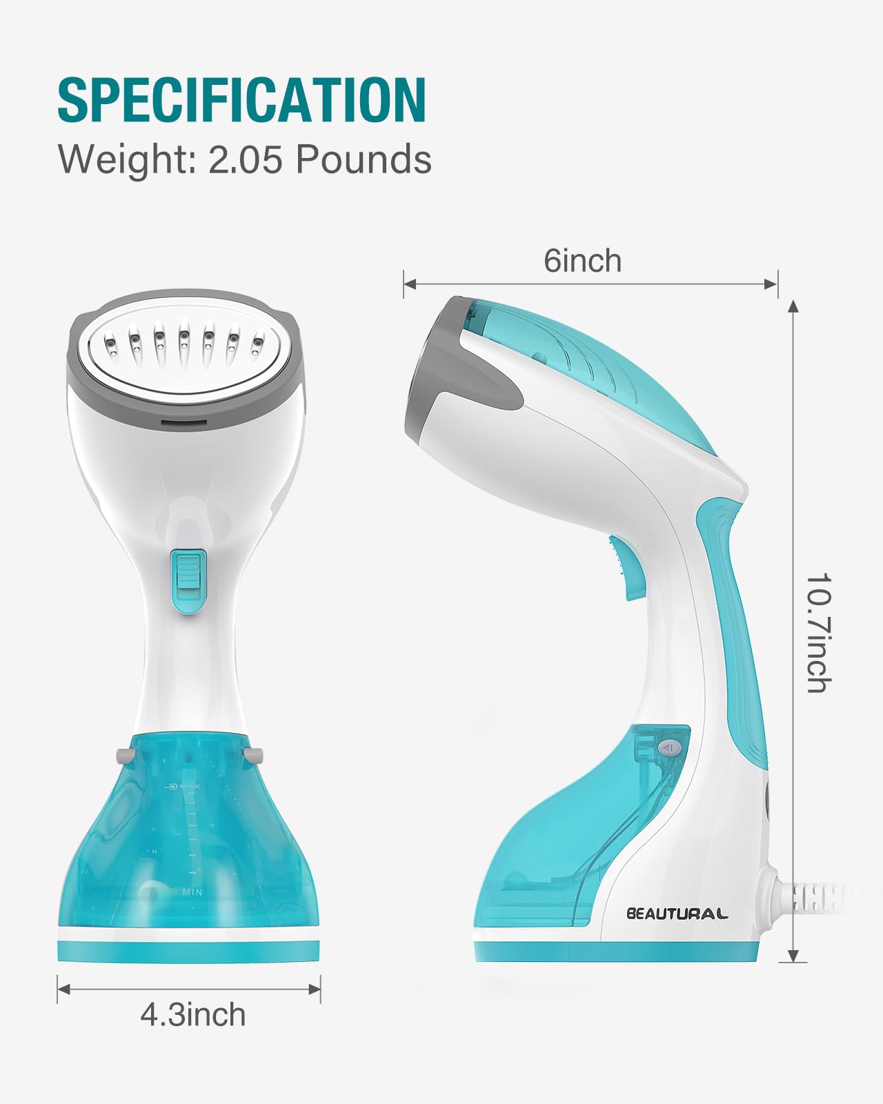 BEAUTURAL Portable Handheld Steamer for Clothes - 30-Second Fast Heat-up Fabric Wrinkle Remover with Large Detachable Water Tank & Auto-Off - Perfect for Travel, Home, and Office Use