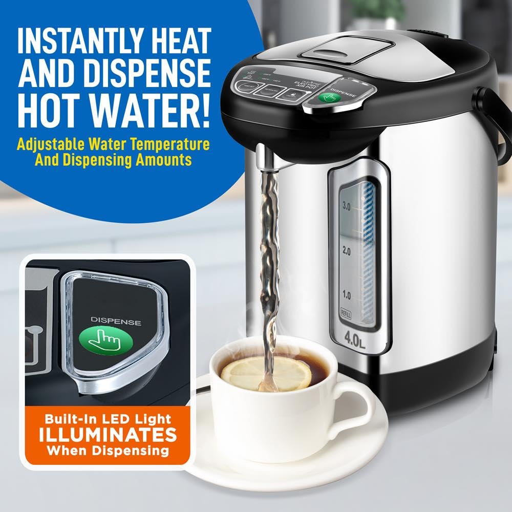 NutriChef 4L/4.2Qt Stainless Steel Electric Water Boiler & Warmer with Rotating Base, Auto Shut Off & Safety Lock - Fast Heating for Coffee, Tea, Instant Noodles & Baby Formula - Perfect for Home, Office & Dorm Use (NCHUB24)