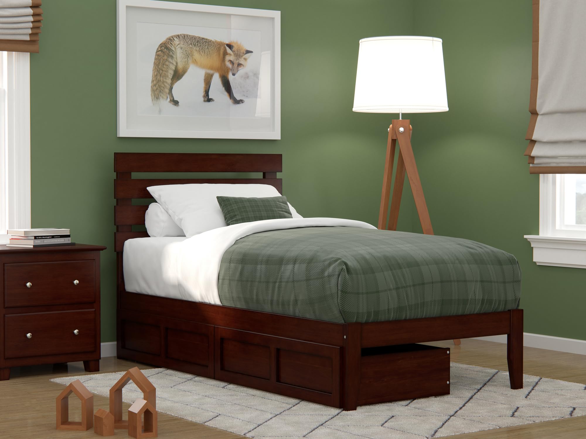 Atlantic Furniture Oxford Twin Bed with USB Turbo Charger & 2 Storage Drawers - Walnut Finish for Kids, Teens & Guest Rooms | Space-Saving Bedroom Solution