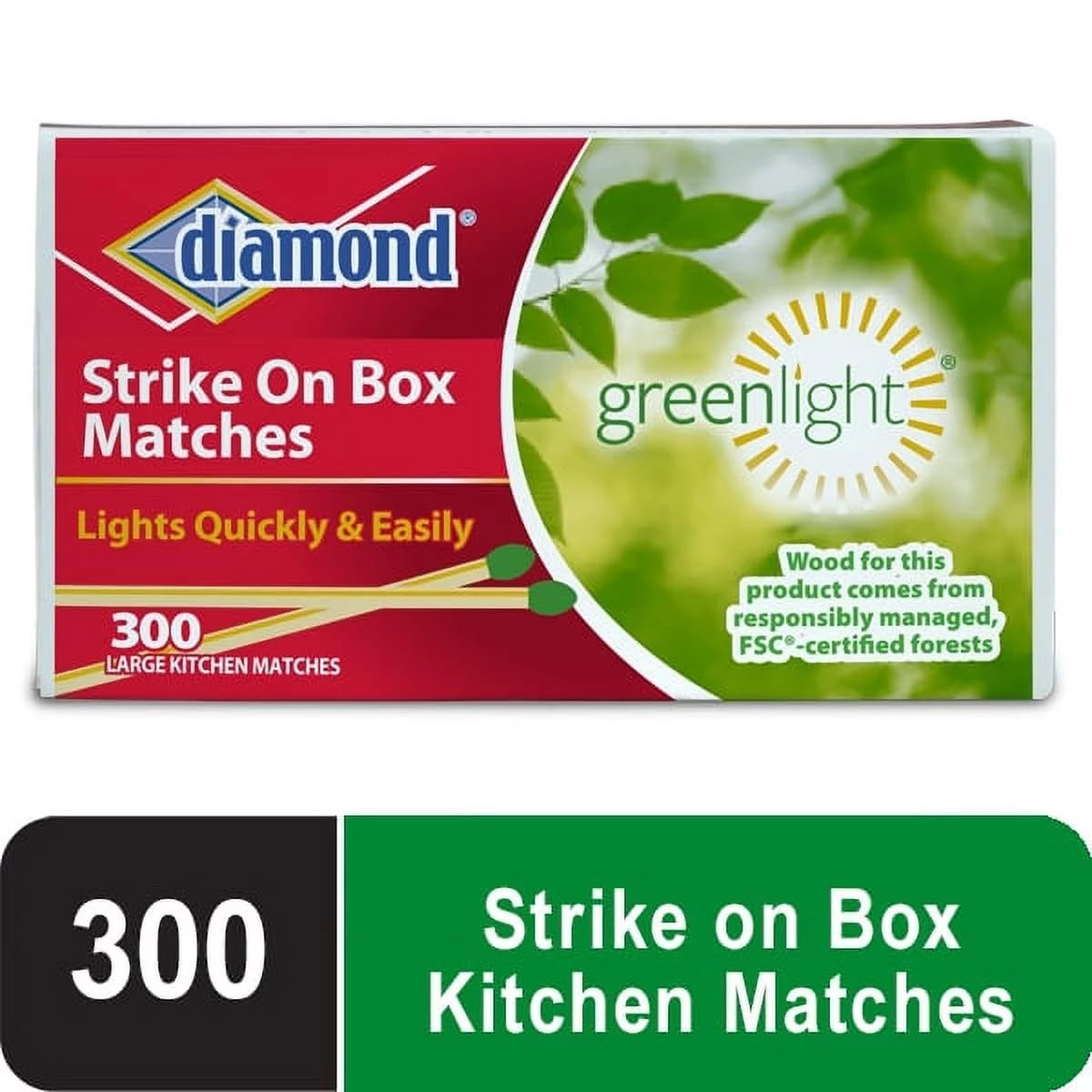 Premium Diamond Green Light Wooden Matches - Strike On Box, 300 Count (1 Pack) - Perfect for Fireplaces, Candles, Camping & Emergency Kits