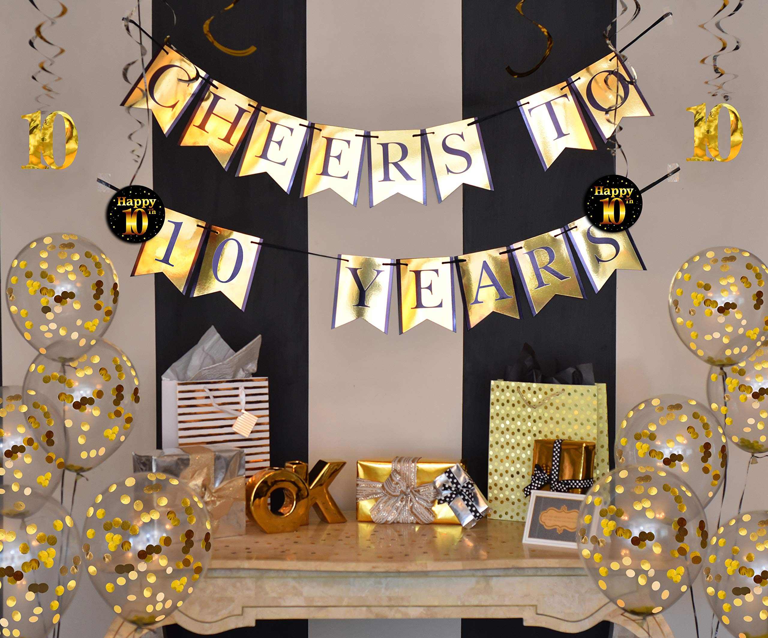 10th Birthday & Anniversary Party Decorations Kit - Cheers to 10 Years Banner, Balloons, Swirls & Confetti Supplies | Perfect for Milestone Celebrations, Decade Parties & Special Events